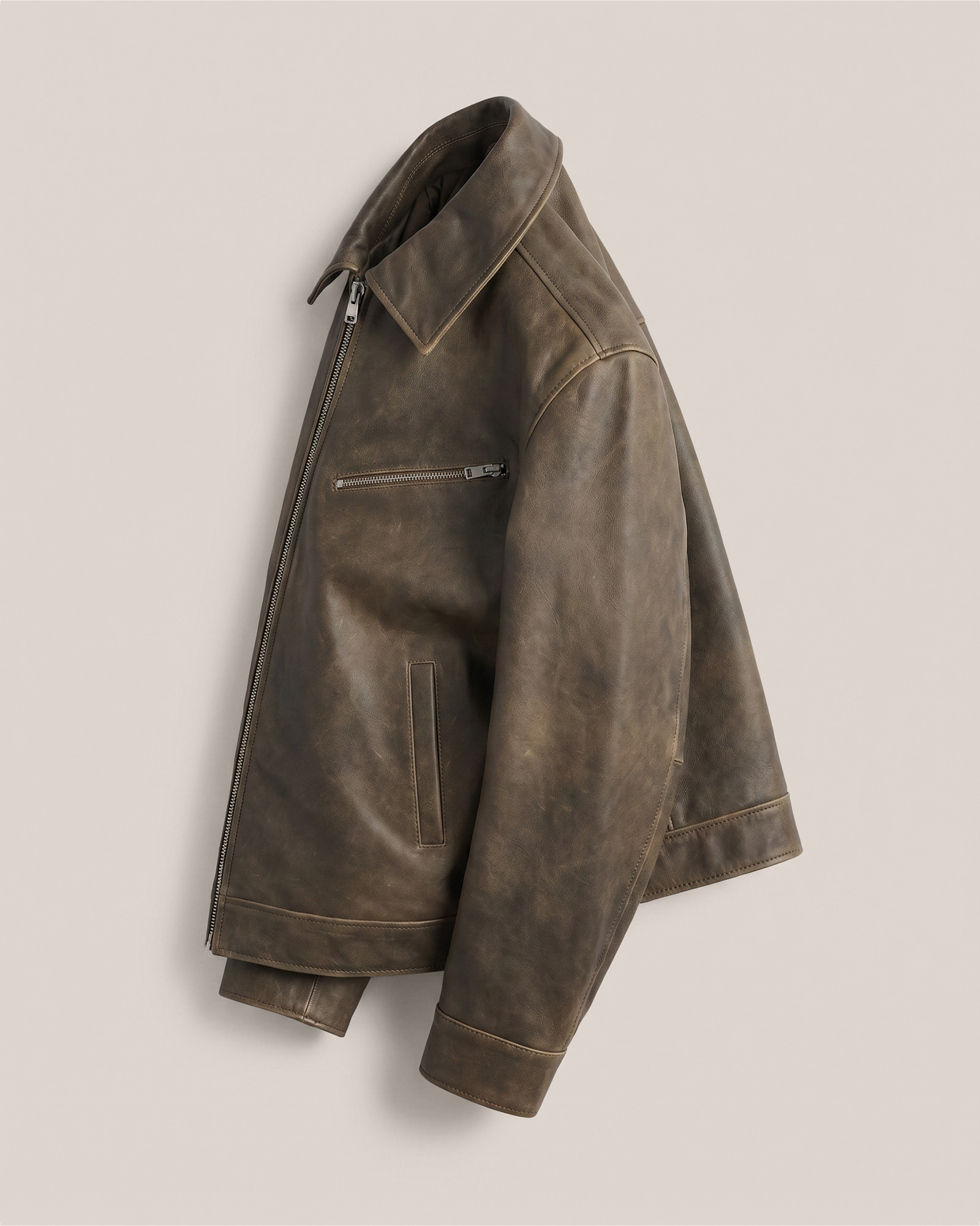 Distressed Brown 100% Leather Oversized Bomber Jacket