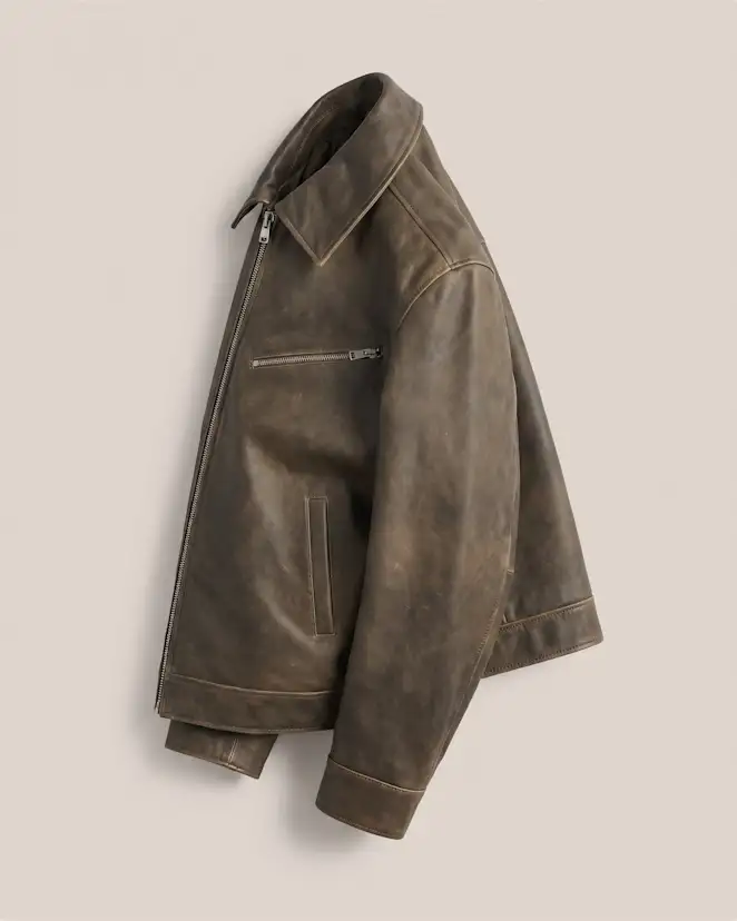 Distressed Brown 100% Leather Oversized Bomber Jacket