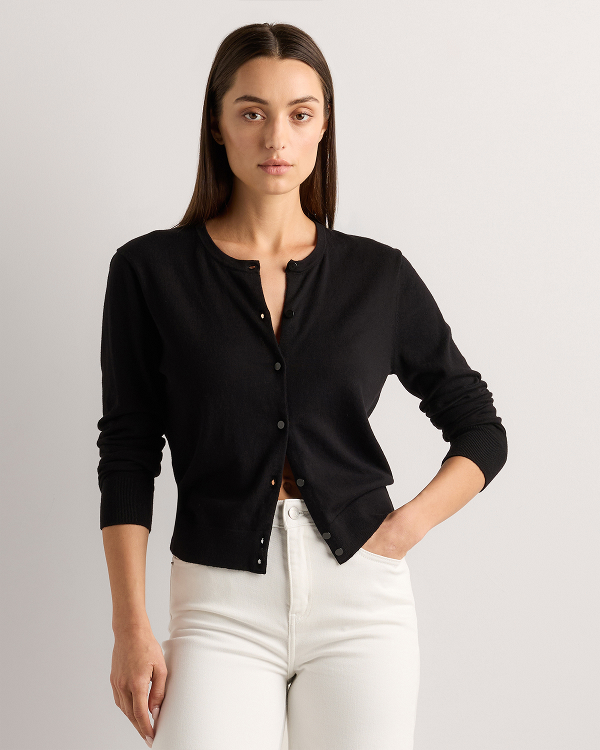 Black Cardigan léger en coton et cachemire à col rond