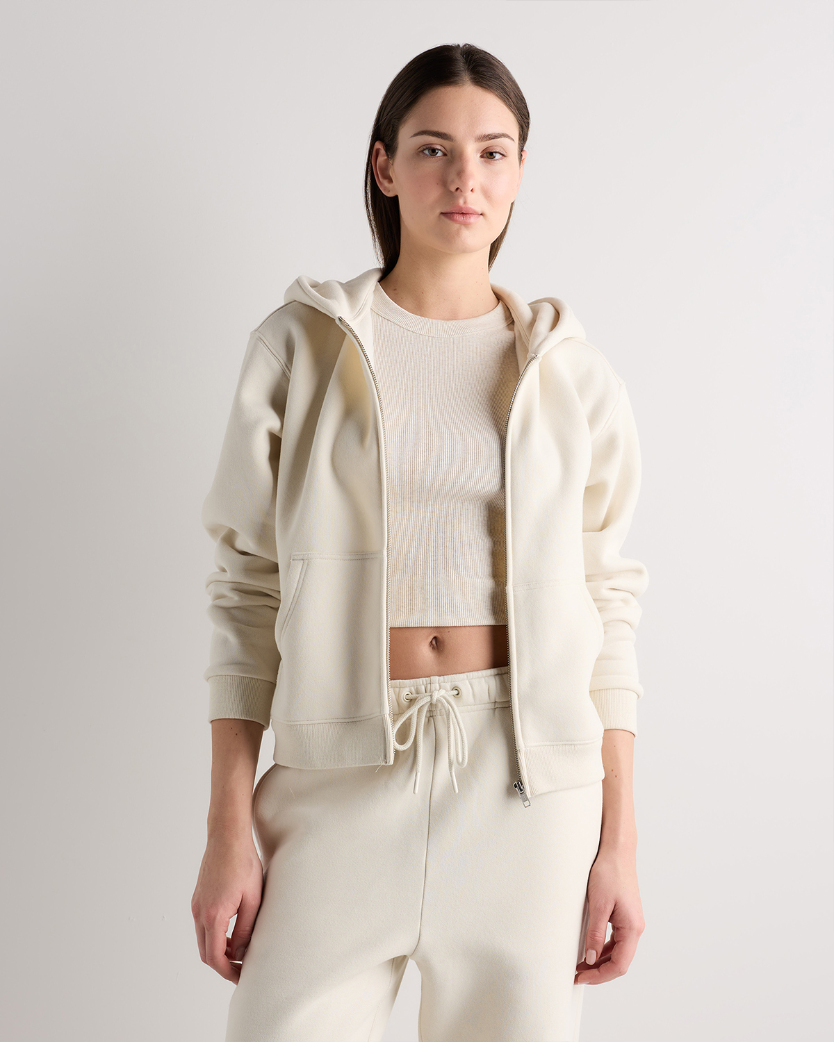 Linen White Pull à capuche de tous les jours en molleton à glissière