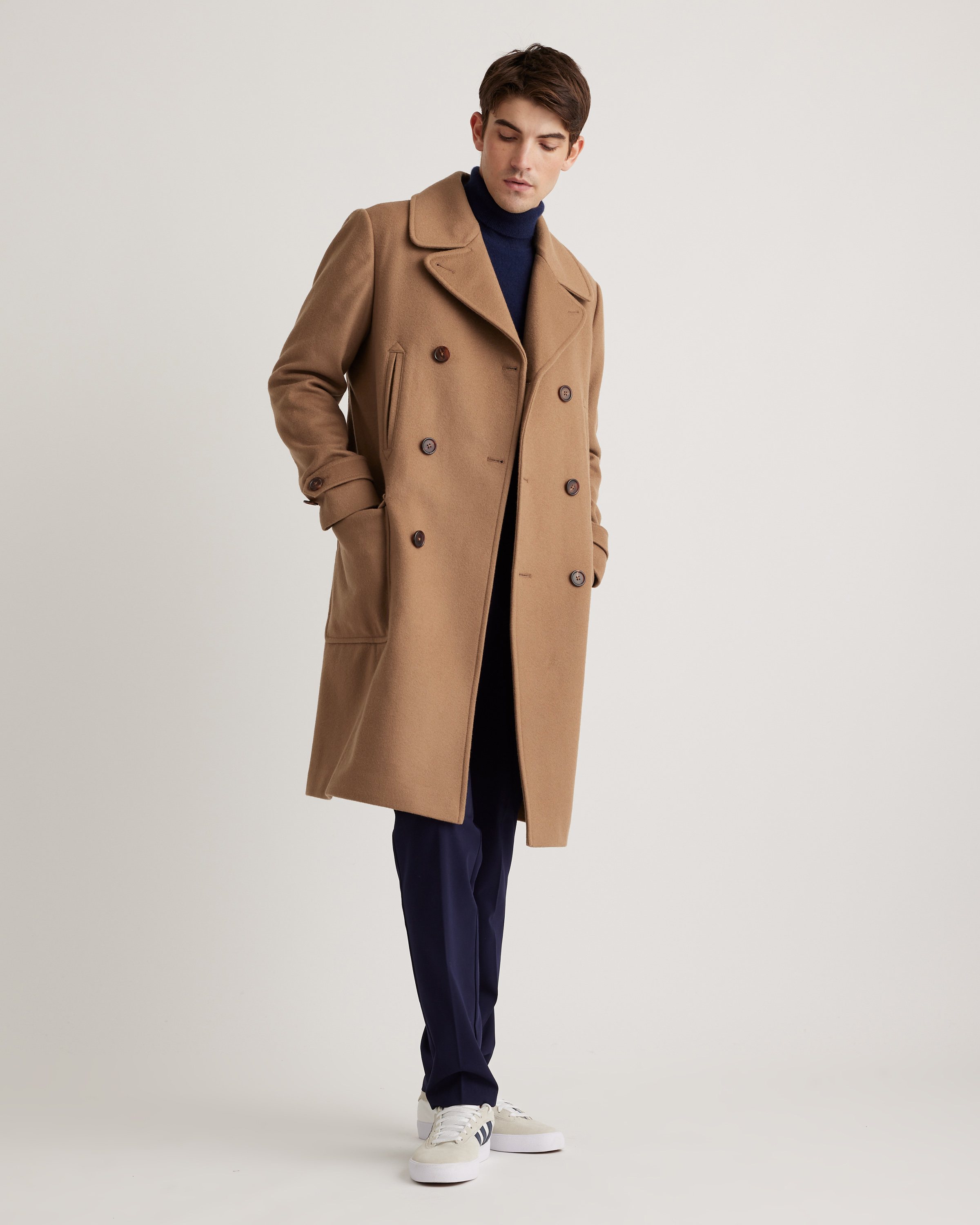 Dark Camel Italian Wool Double-Breasted Officer Topcoat