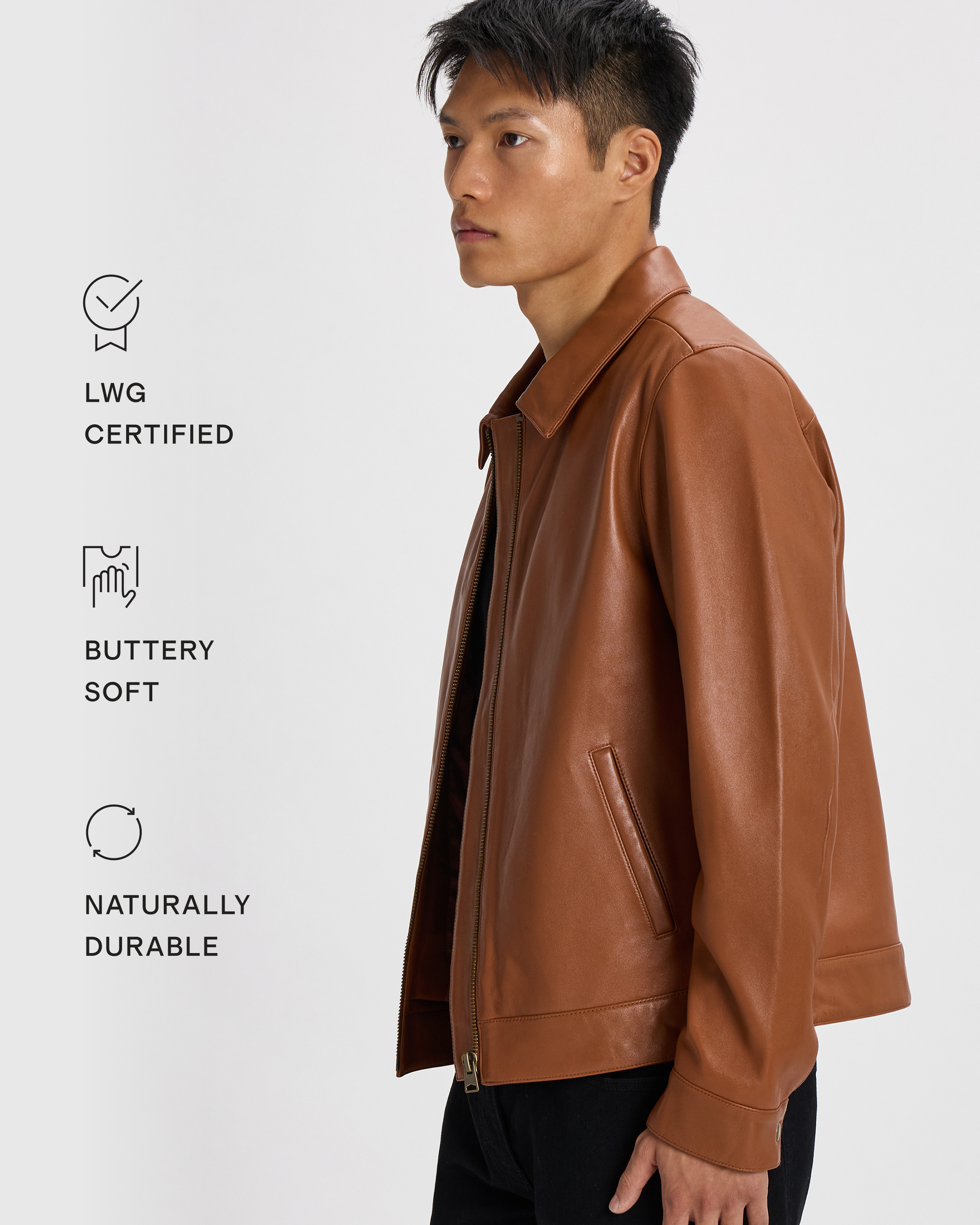 100% Leather Harrington Jacket in Dark Cognac Brown