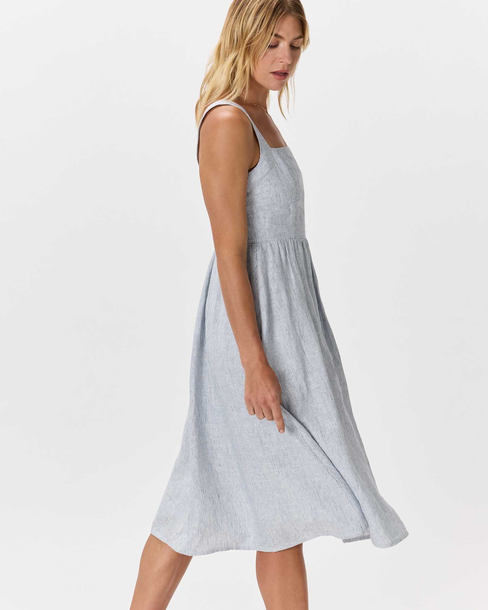 100% European Linen Fit & Flare Midi Dress in Blue Pinstripe 100% European Linen Fit & Flare Midi Dress in Blue Pinstripe