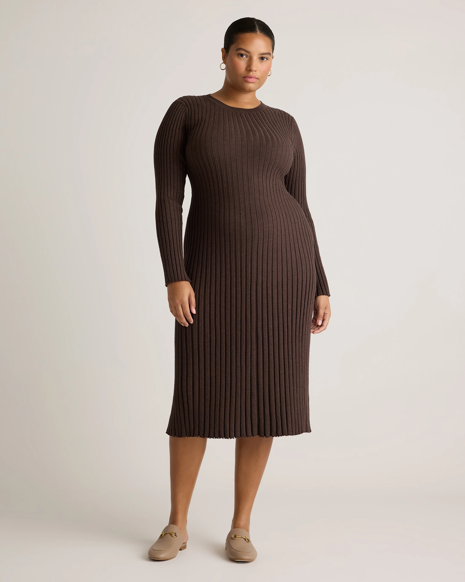 Cotton Cashmere Ribbed Long Sleeve Crew Midi Dress