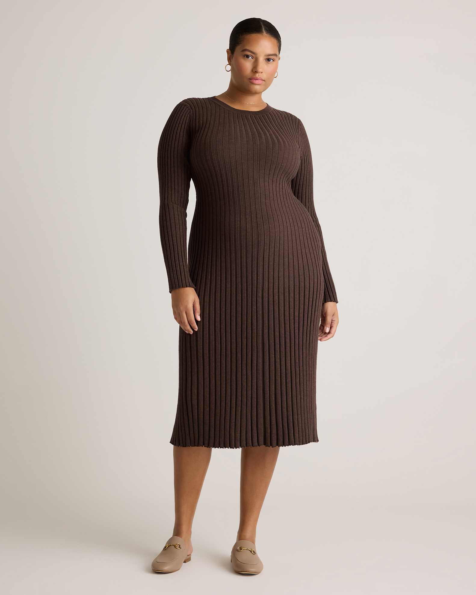 Cotton Cashmere Ribbed Long Sleeve Crew Midi Dress in Mocha Heather Cotton Cashmere Ribbed Long Sleeve Crew Midi Dress in Mocha Heather