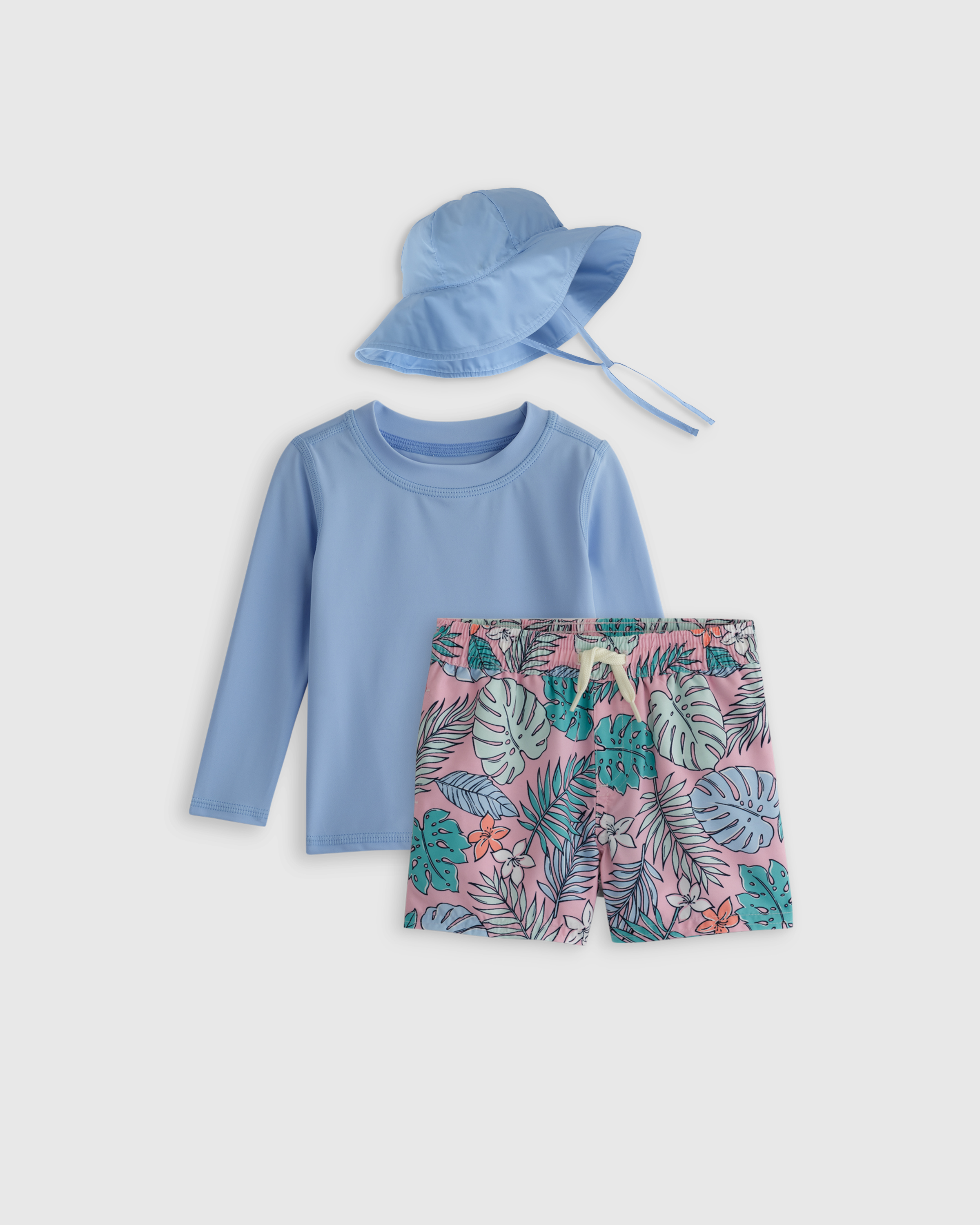 Palms Sunsafe Rash Guard, Swim Trunks & Hat Set