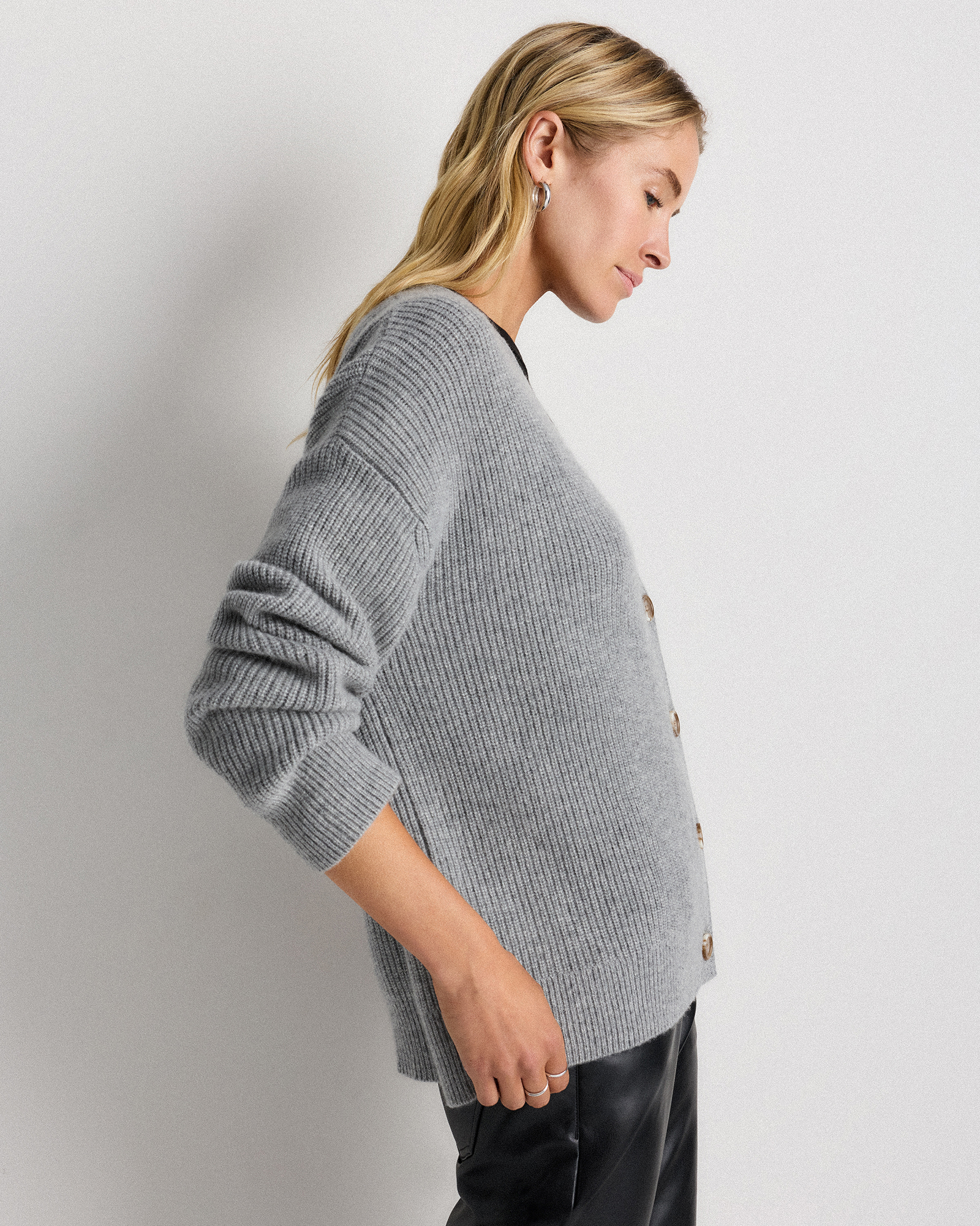 Mongolian Cashmere Fisherman Cropped Boxy Cardigan Sweater in