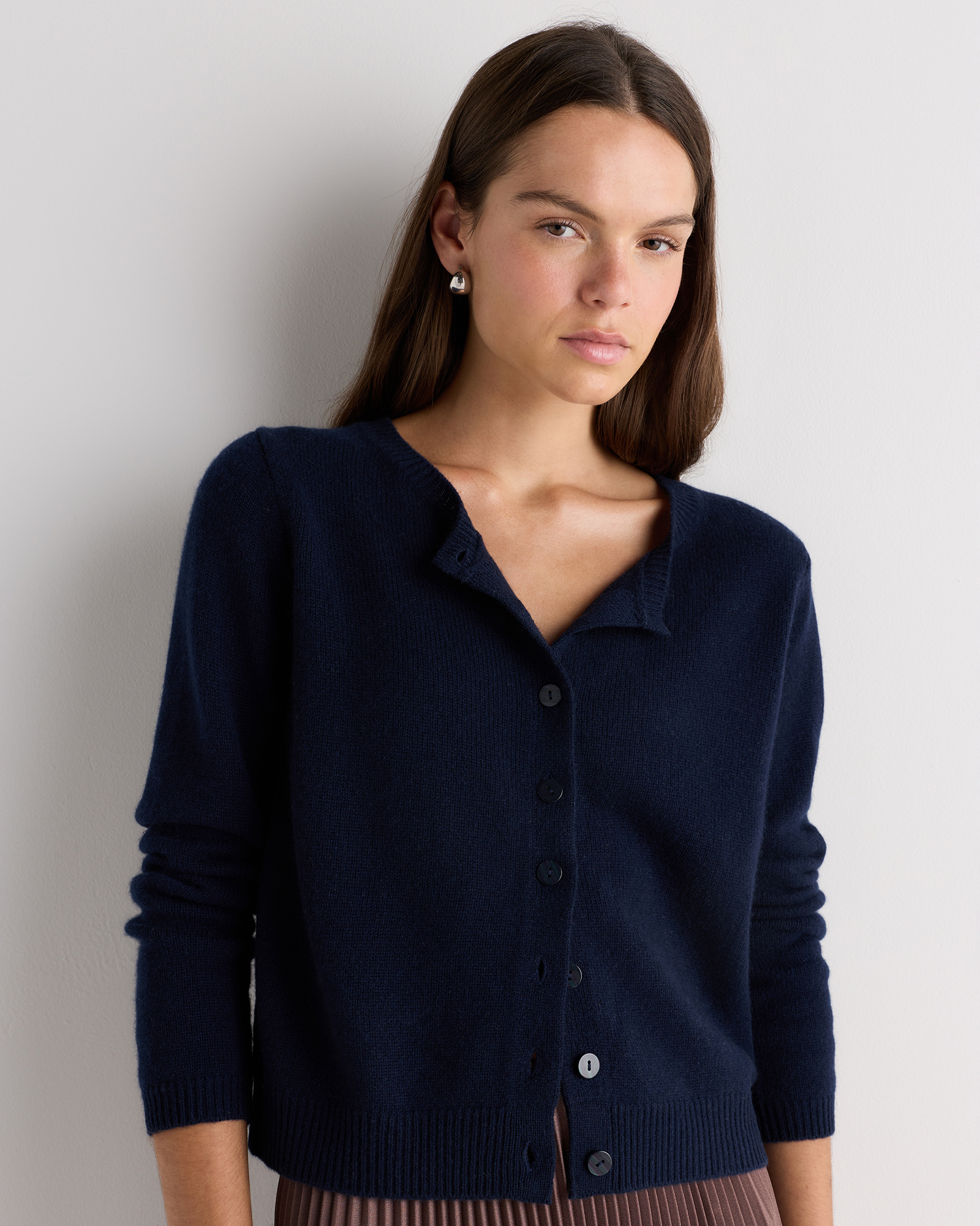 True Navy Mongolian Cashmere Cropped Crew Cardigan