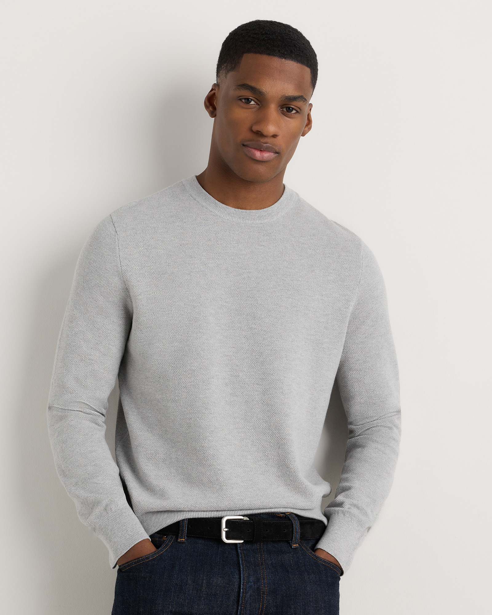 Light Heather Grey 100% Organic Cotton Pique Crewneck Sweater