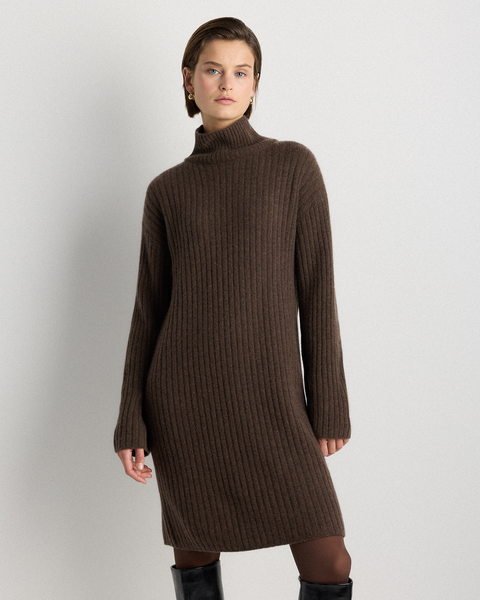 Brown Mongolian Cashmere Ribbed Turtleneck Mini Dress
