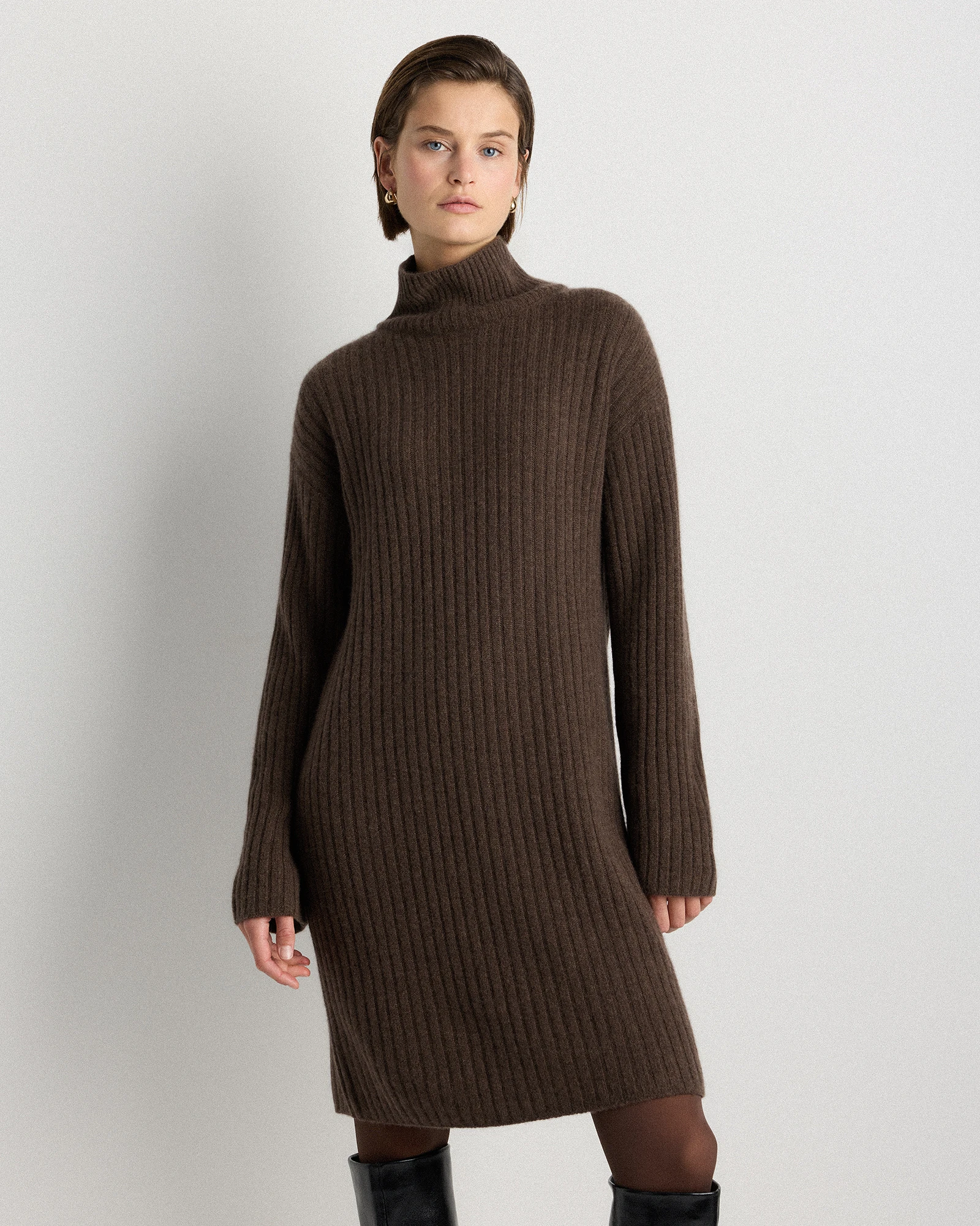 100% Mongolian Cashmere Ribbed Turtleneck Sweater Dress