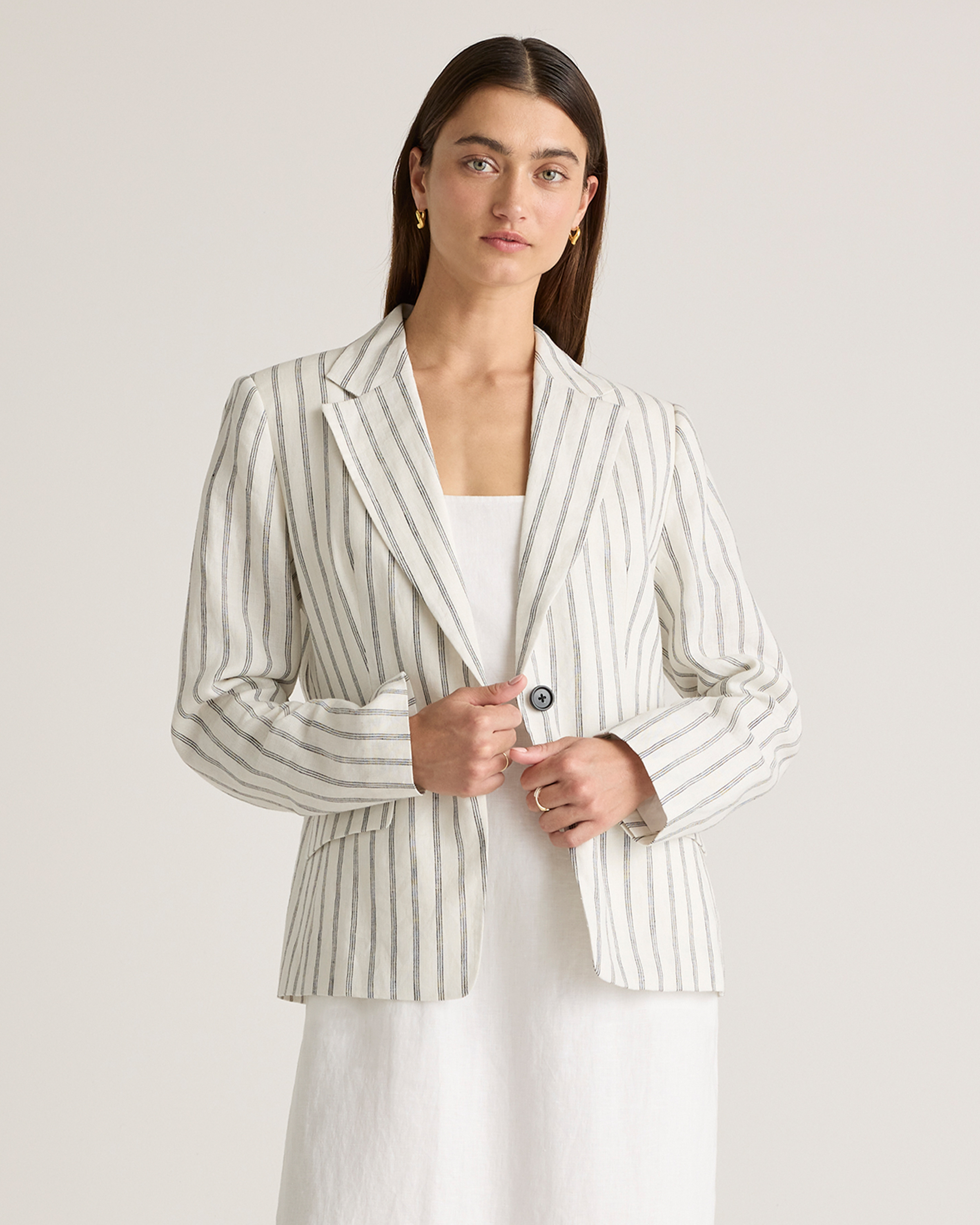 Oatmeal / Black Stripe 100% European Linen Structured Blazer