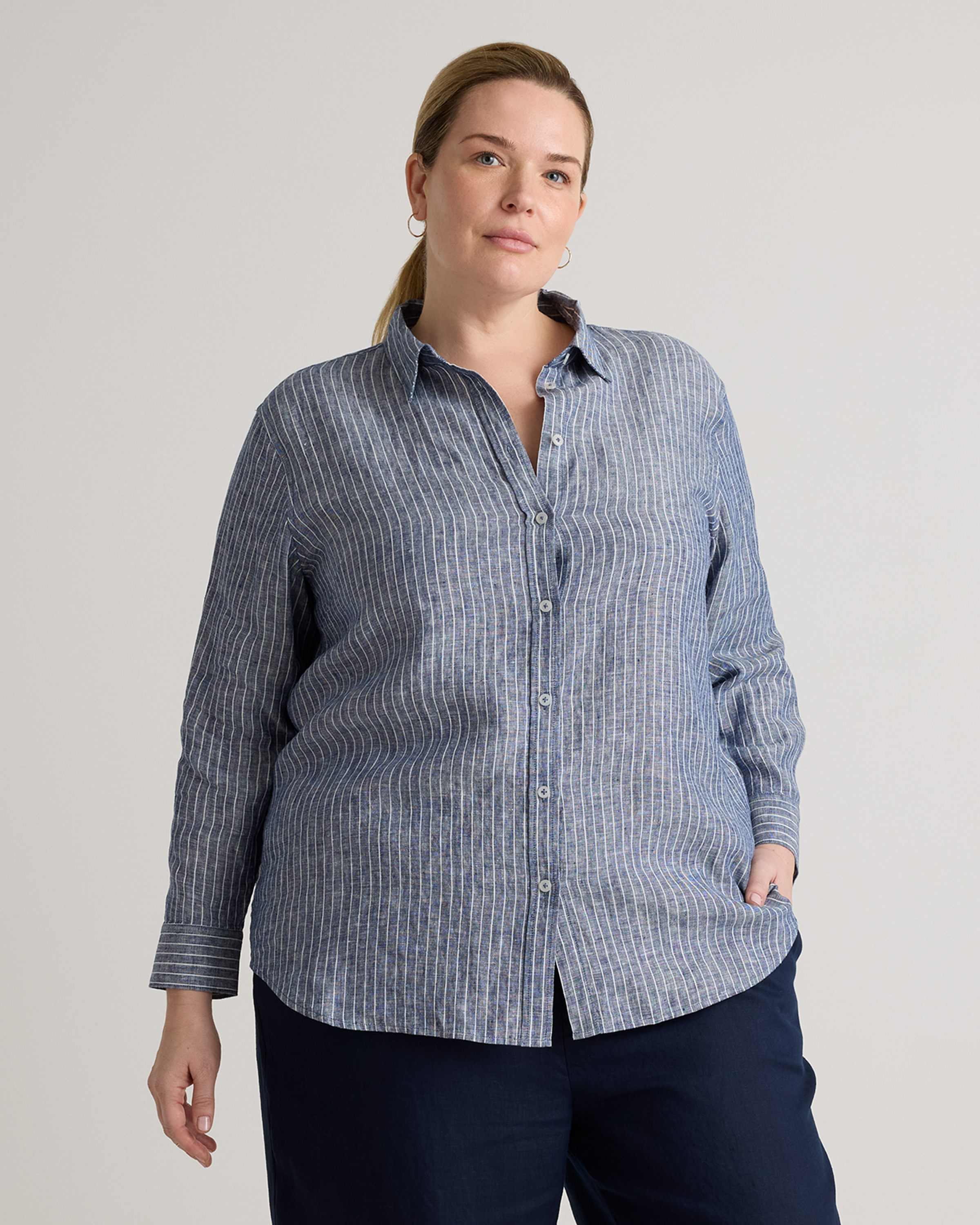Quince Women's 100% European Linen Long Sleeve Shirt In Chambray Stripe