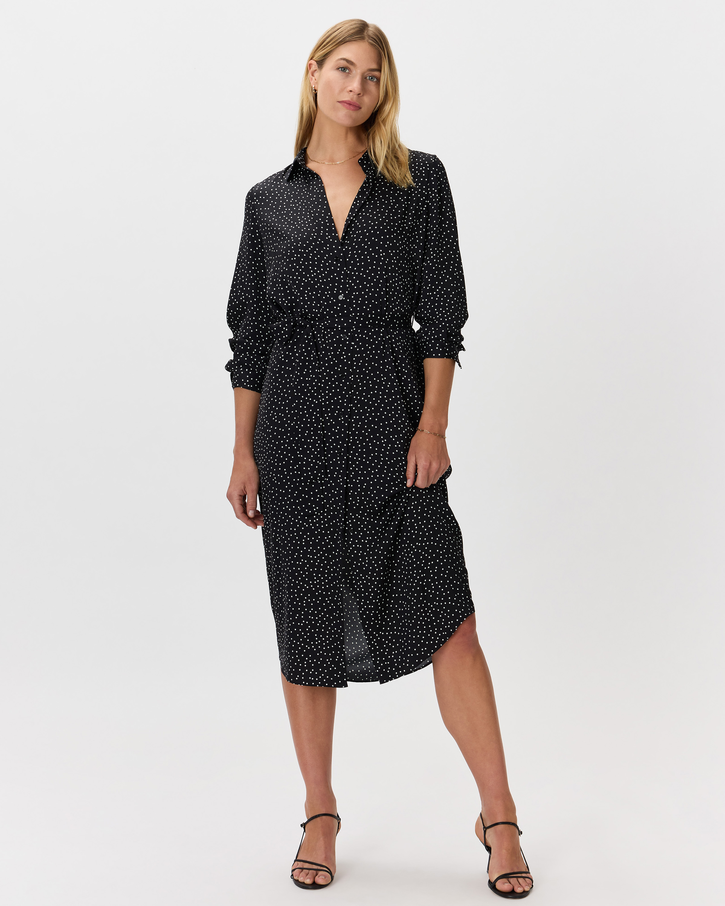 Tiny Dot Black/ White Washable Stretch Silk Maxi Shirt Dress