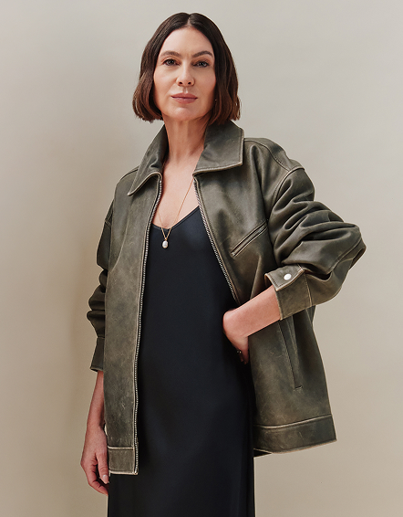 Distressed Brown 100% Leather Oversized Bomber Jacket