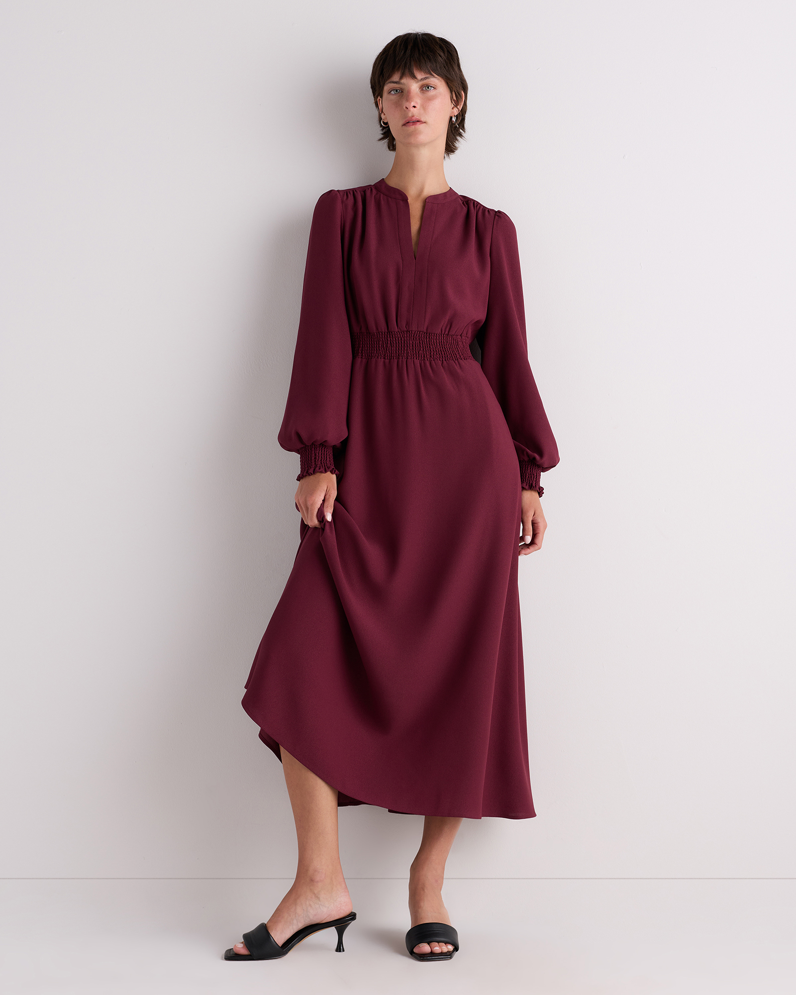 Cabernet Red Matte Crepe Long Sleeve Midi Dress