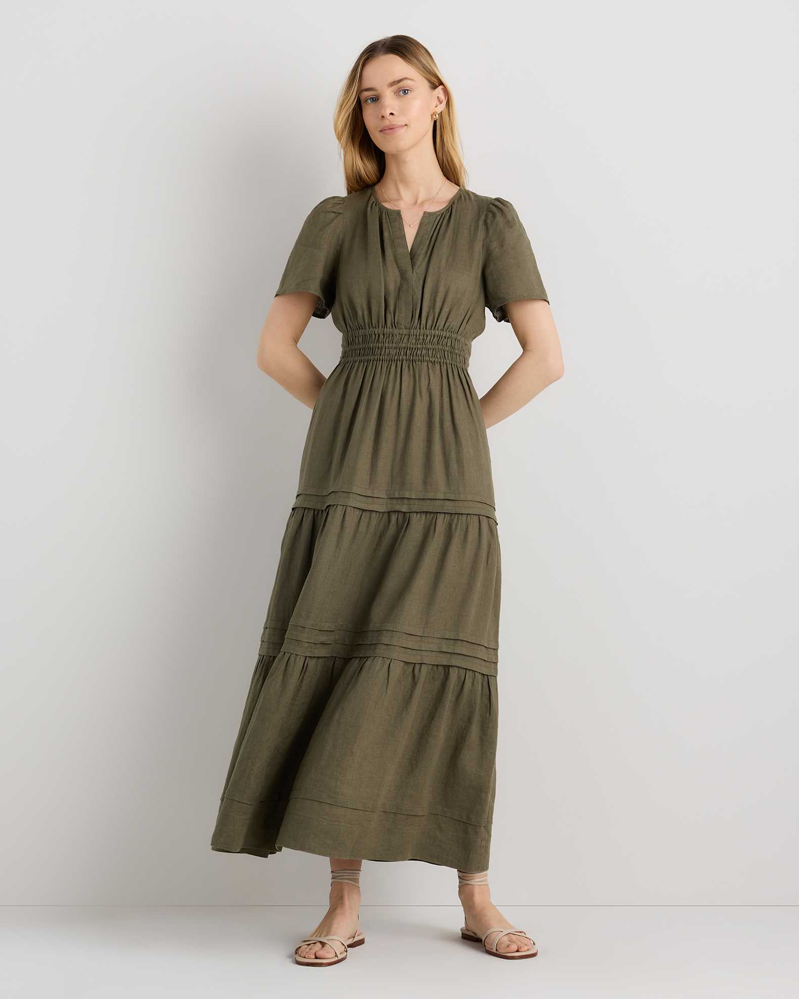 Women's 100% European Linen Tiered Maxi Dress in Bayberry Olive, Size XL by Quince Women's 100% European Linen Tiered Maxi Dress in Bayberry Olive, Size XL by Quince