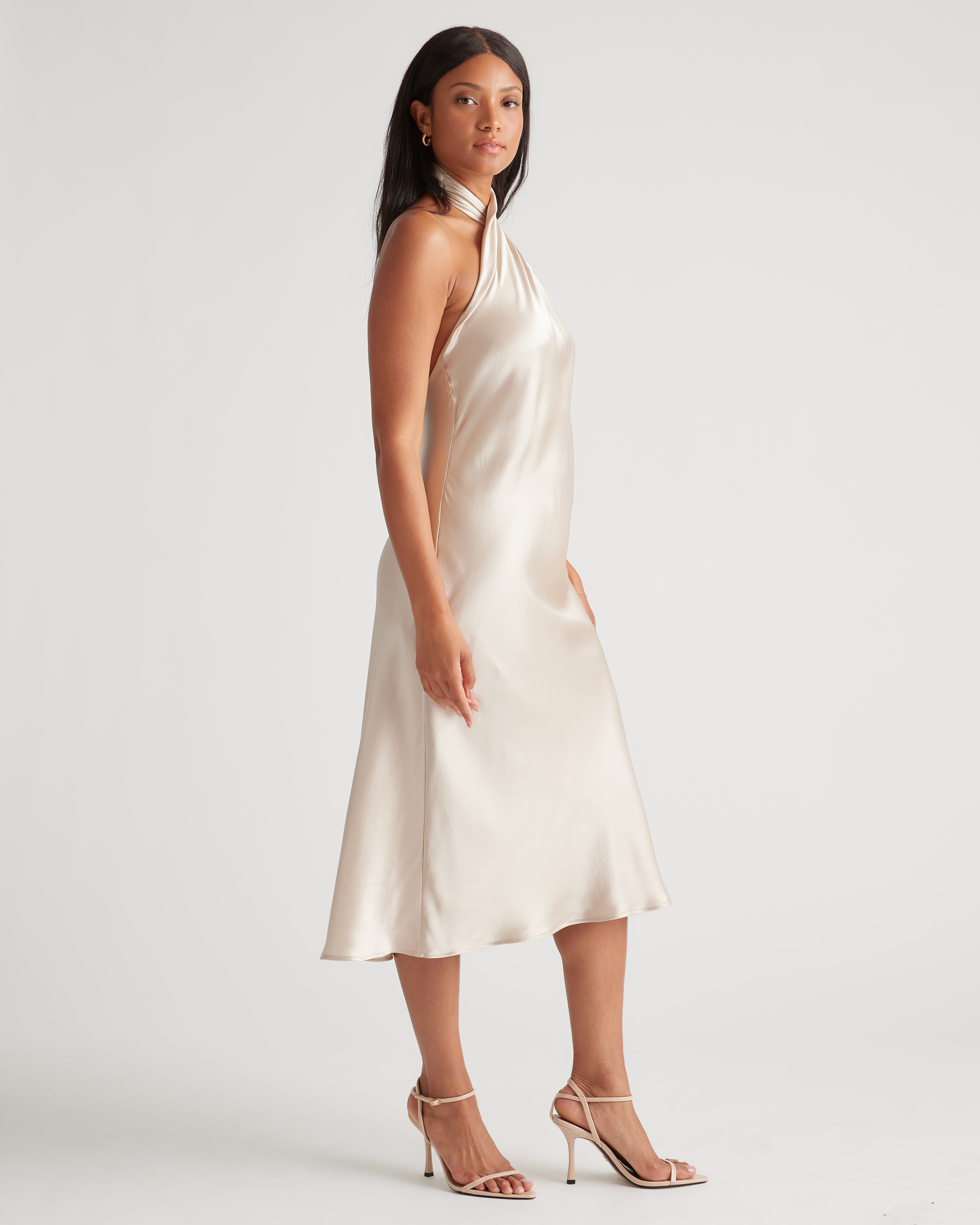 champagne silk midi dress Margherita Champagne Lace Panel Satin Midi Dress, L / Neutrals
