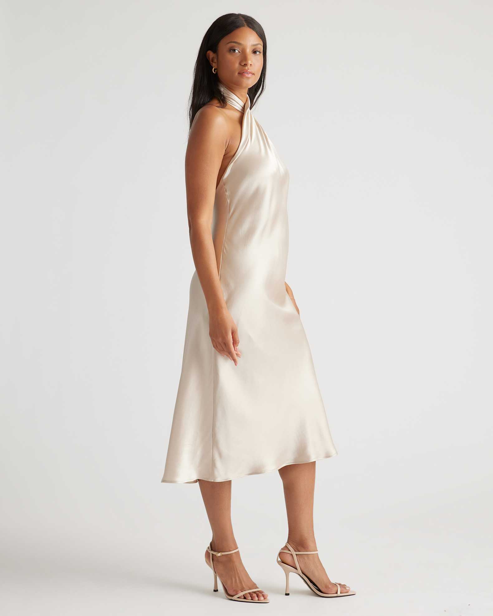 champagne silk midi dress Margherita Champagne Lace Panel Satin Midi Dress, L / Neutrals