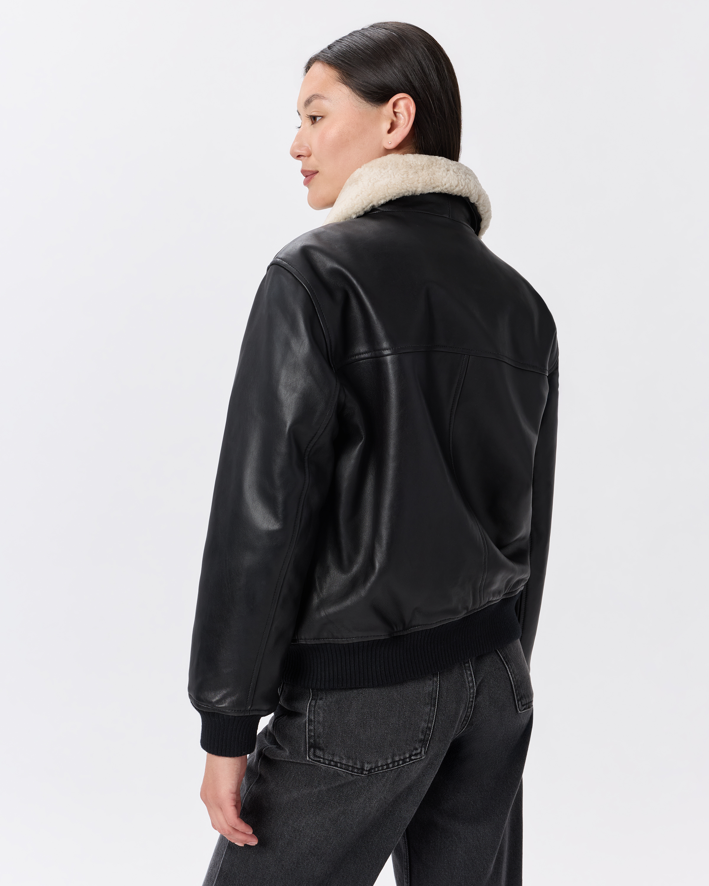 100% Leather Shearling Trim Aviator Jacket