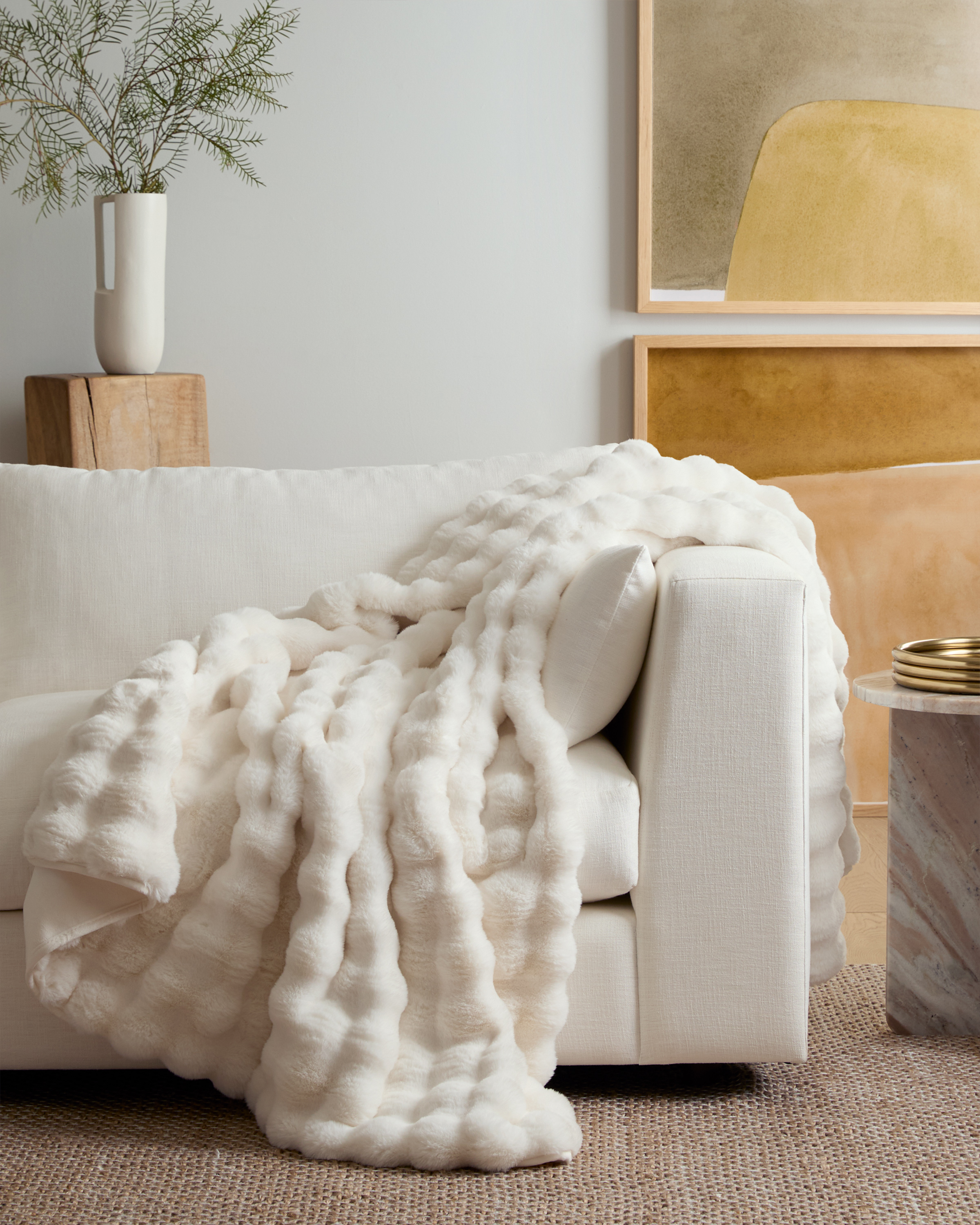 Ruched Faux Fur Throw - Snow, 50x60
