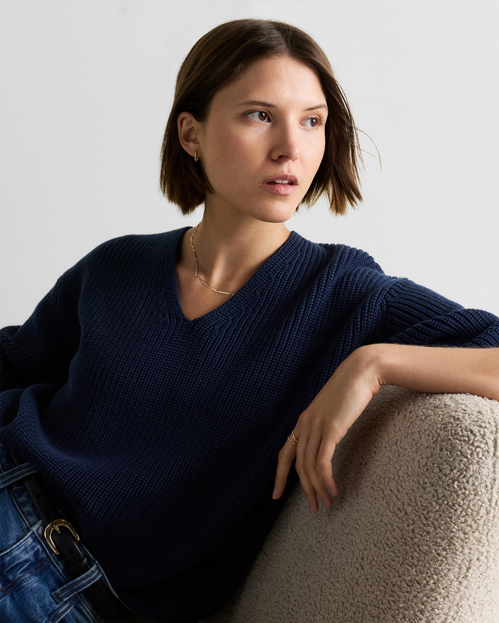 100% Organic Cotton Fisherman V-Neck Sweater in Navy