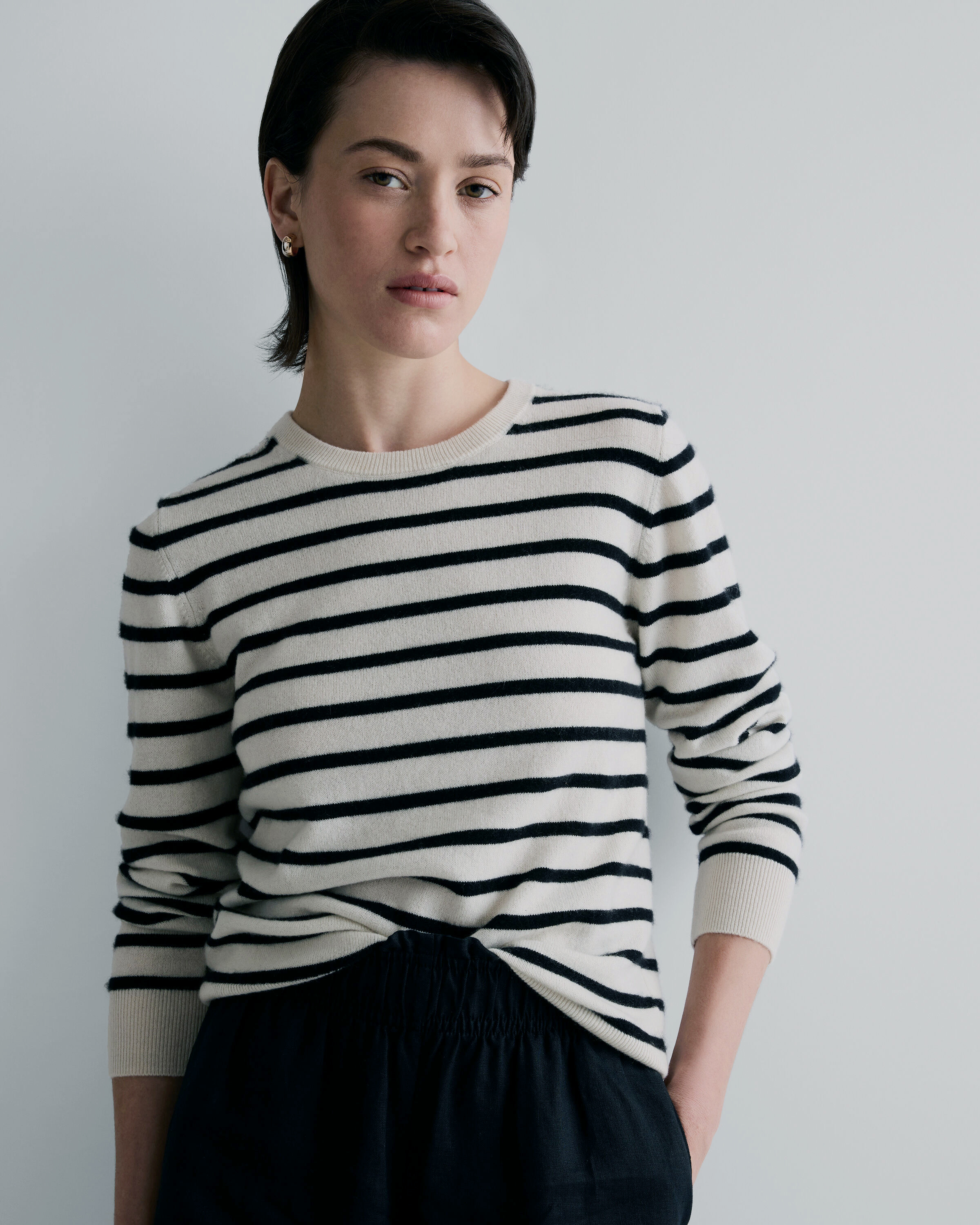 Ivory/Black Stripe Mongolian Cashmere Crewneck Sweater