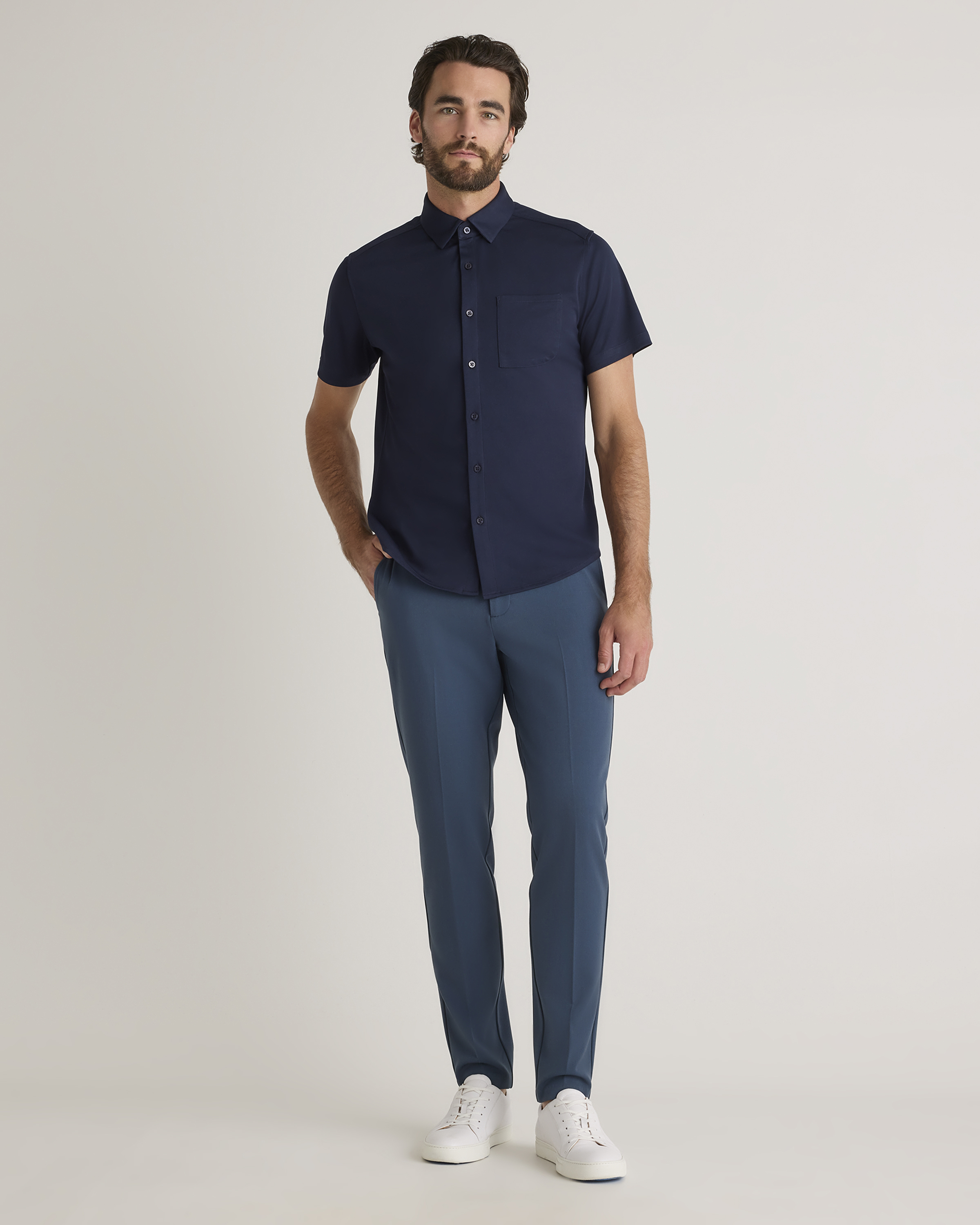 Commuter Stretch Pique Short Sleeve Button Down in Navy