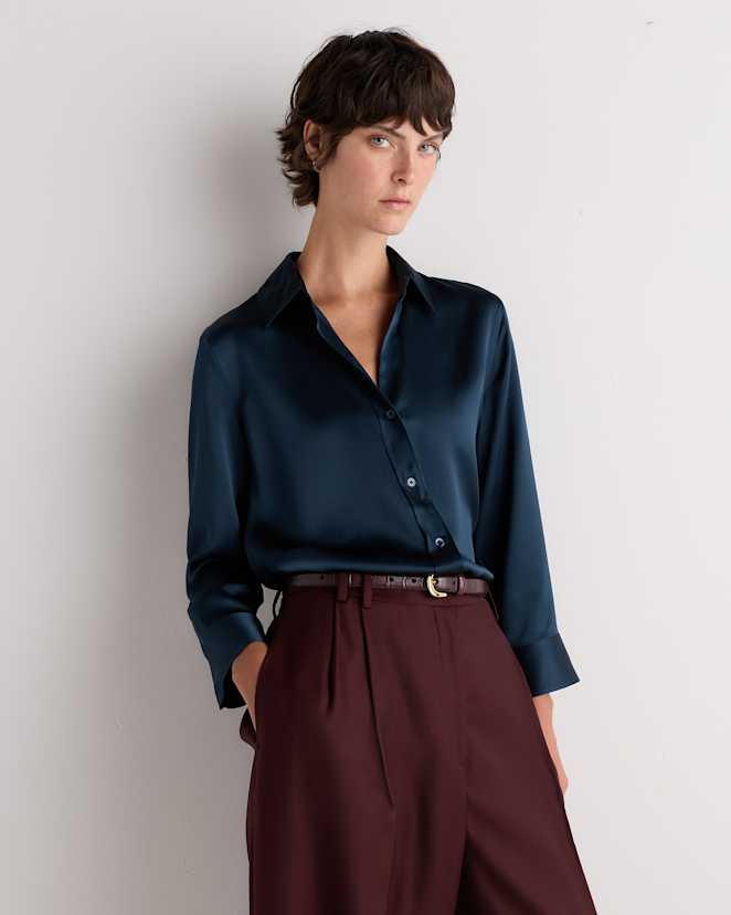 Stratus Blue 100% Washable Silk Three-Quarter Sleeve Shirt