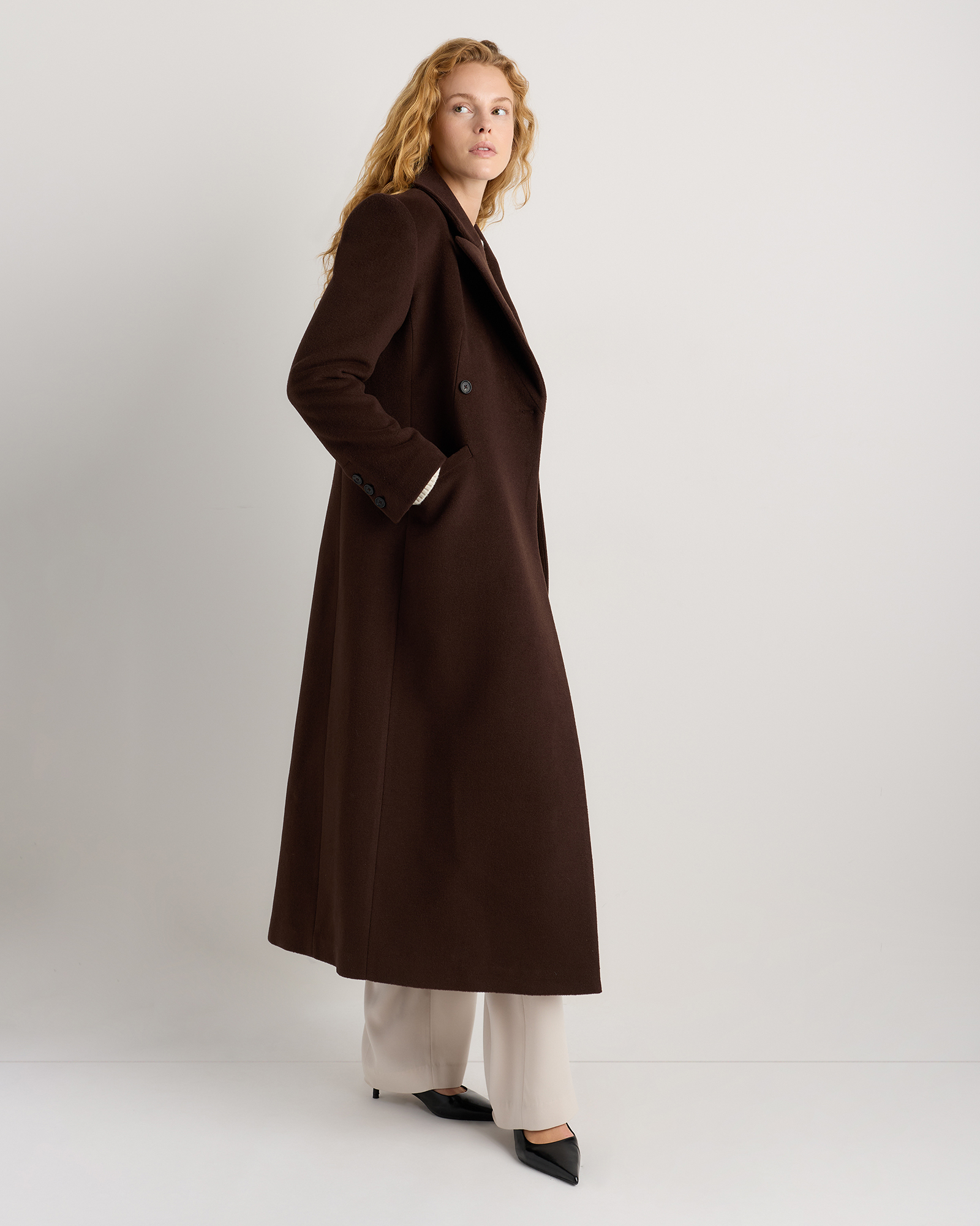 Wool Cashmere Tailored Long Coat in Dark Chocolate