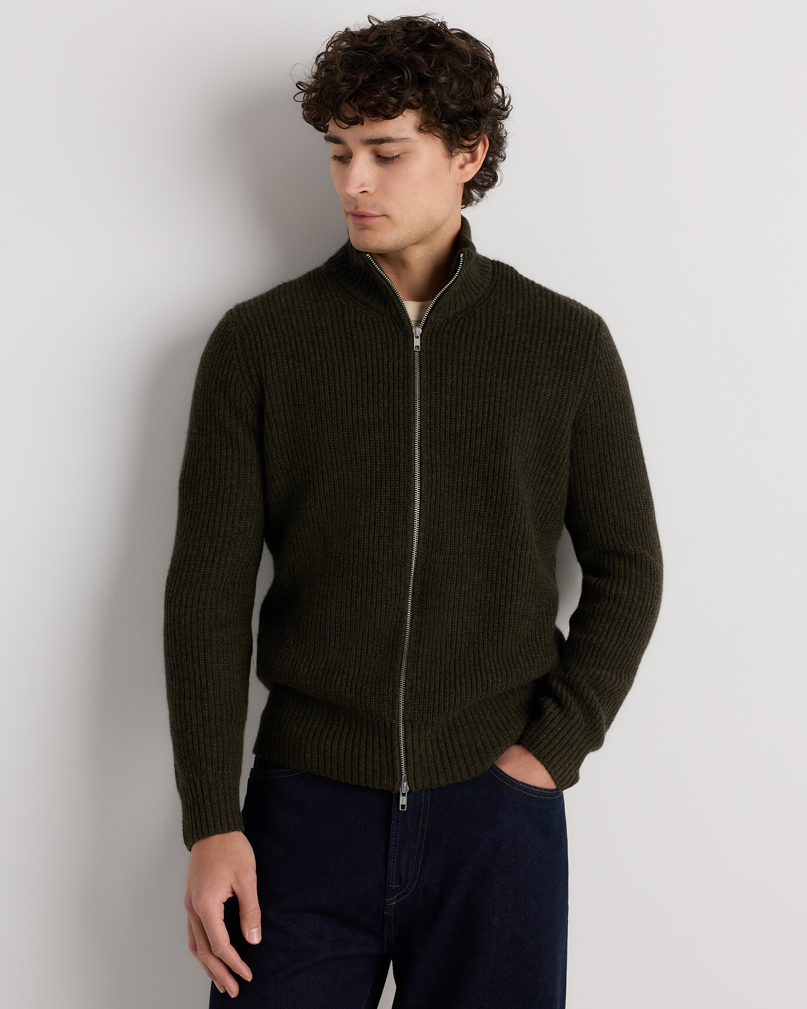 Olive Twist Mongolian Cashmere Fisherman Full Zip Sweater