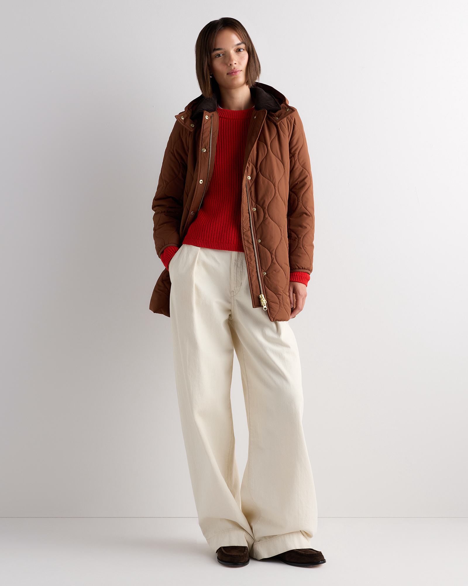 Dark Tobacco Brown Featherless Quilted Hooded Long Puffer Jacket
