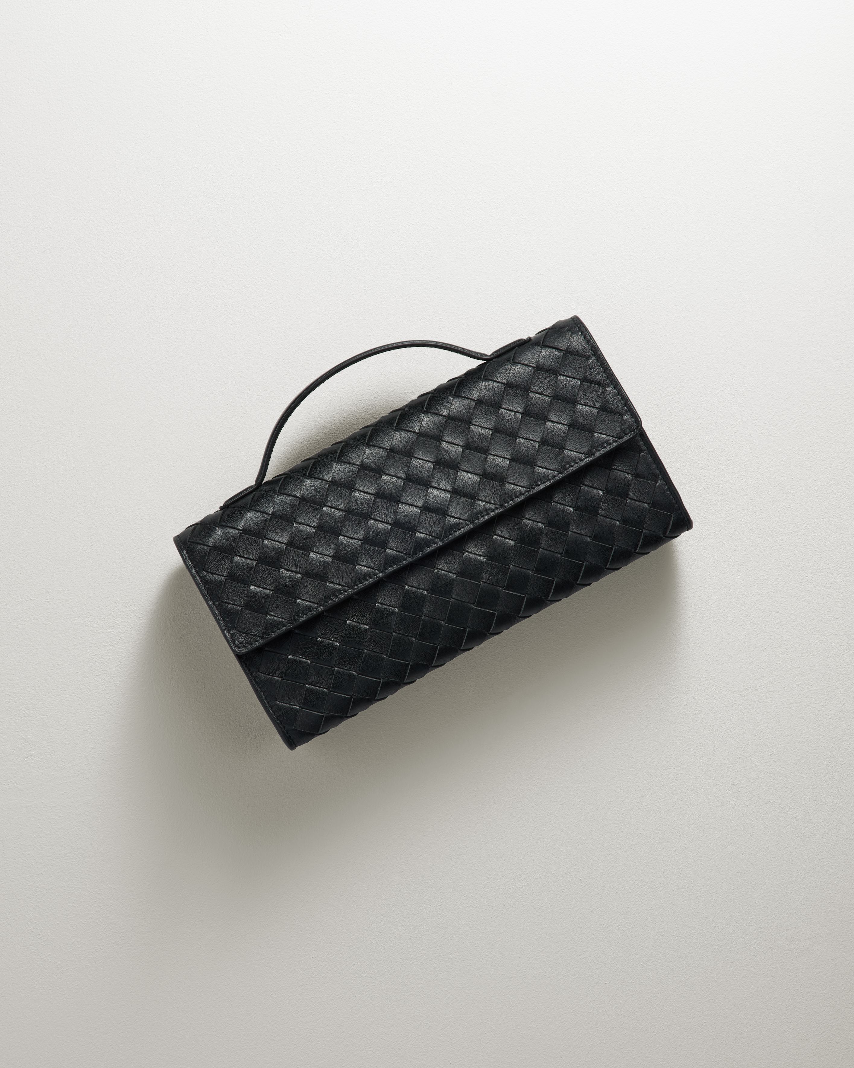 Black Italian Leather Handwoven Top Handle Clutch