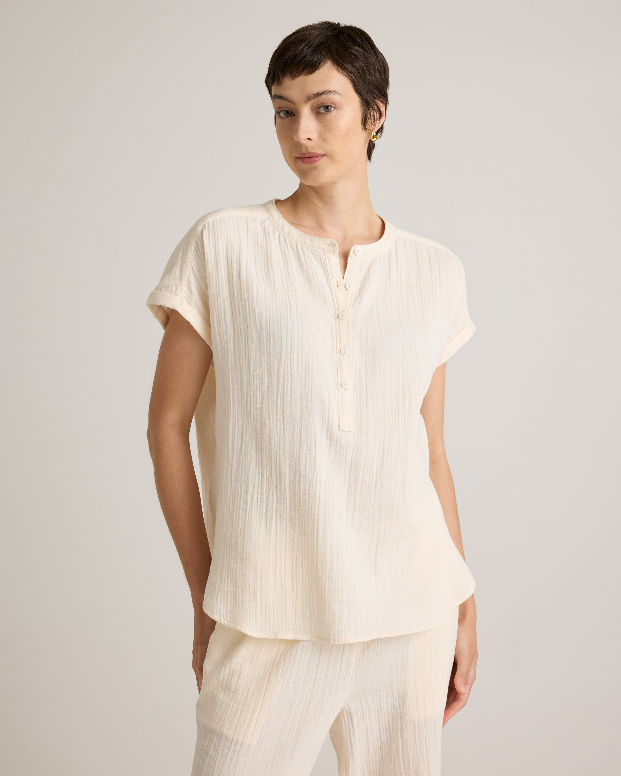 100% Organic Cotton Gauze Roll Sleeve Shirt