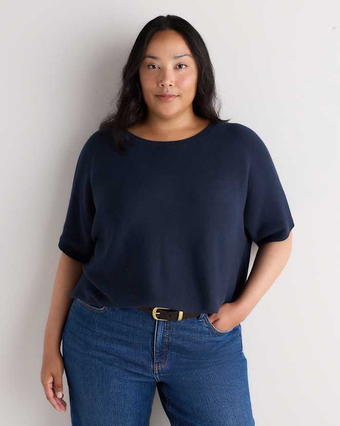 Atlas Navy Lightweight Cotton Cashmere Link-Stitch Dolman Sweater
