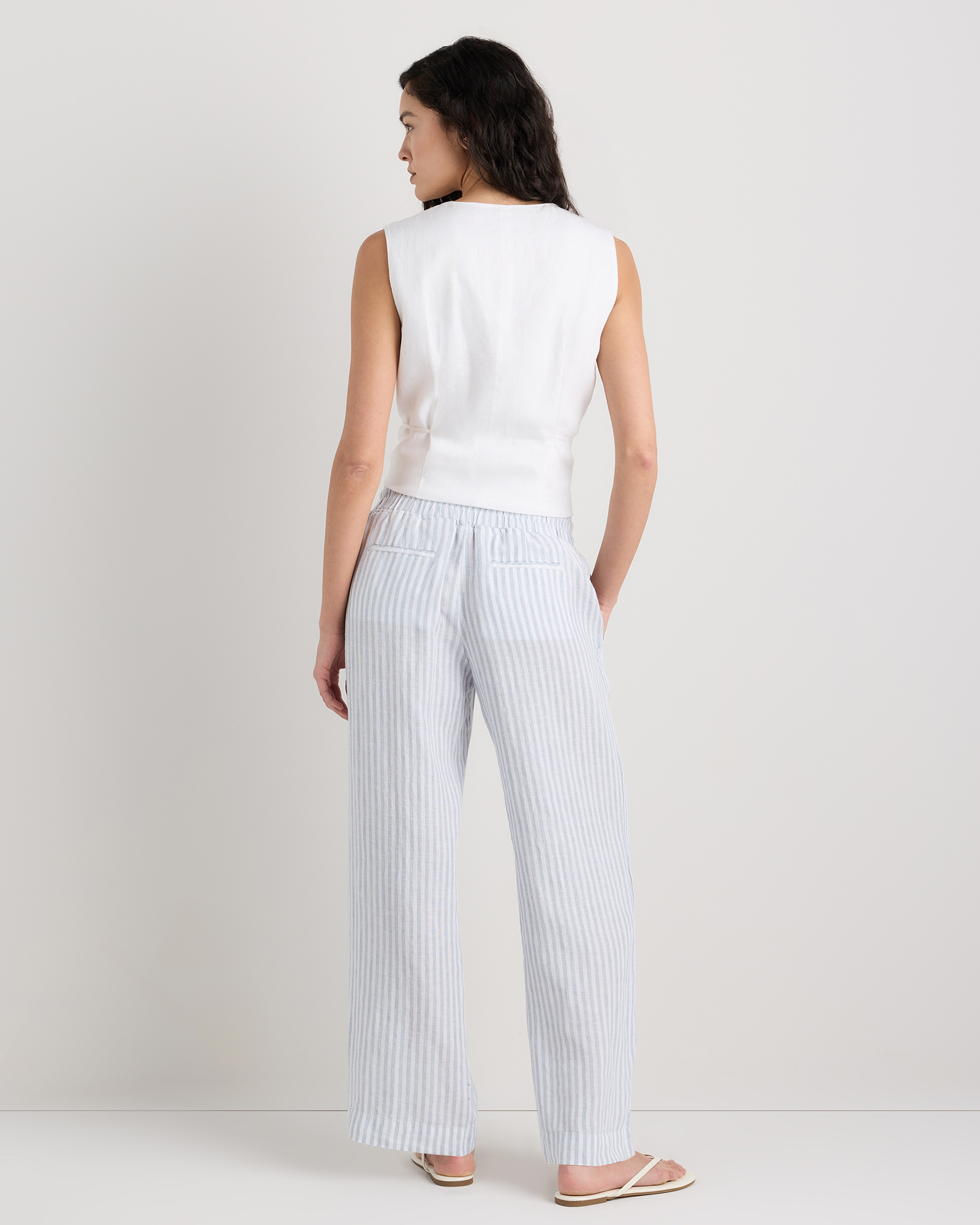 100% European Linen Wide Leg Pants in Sky Blue Mariner Stripe
