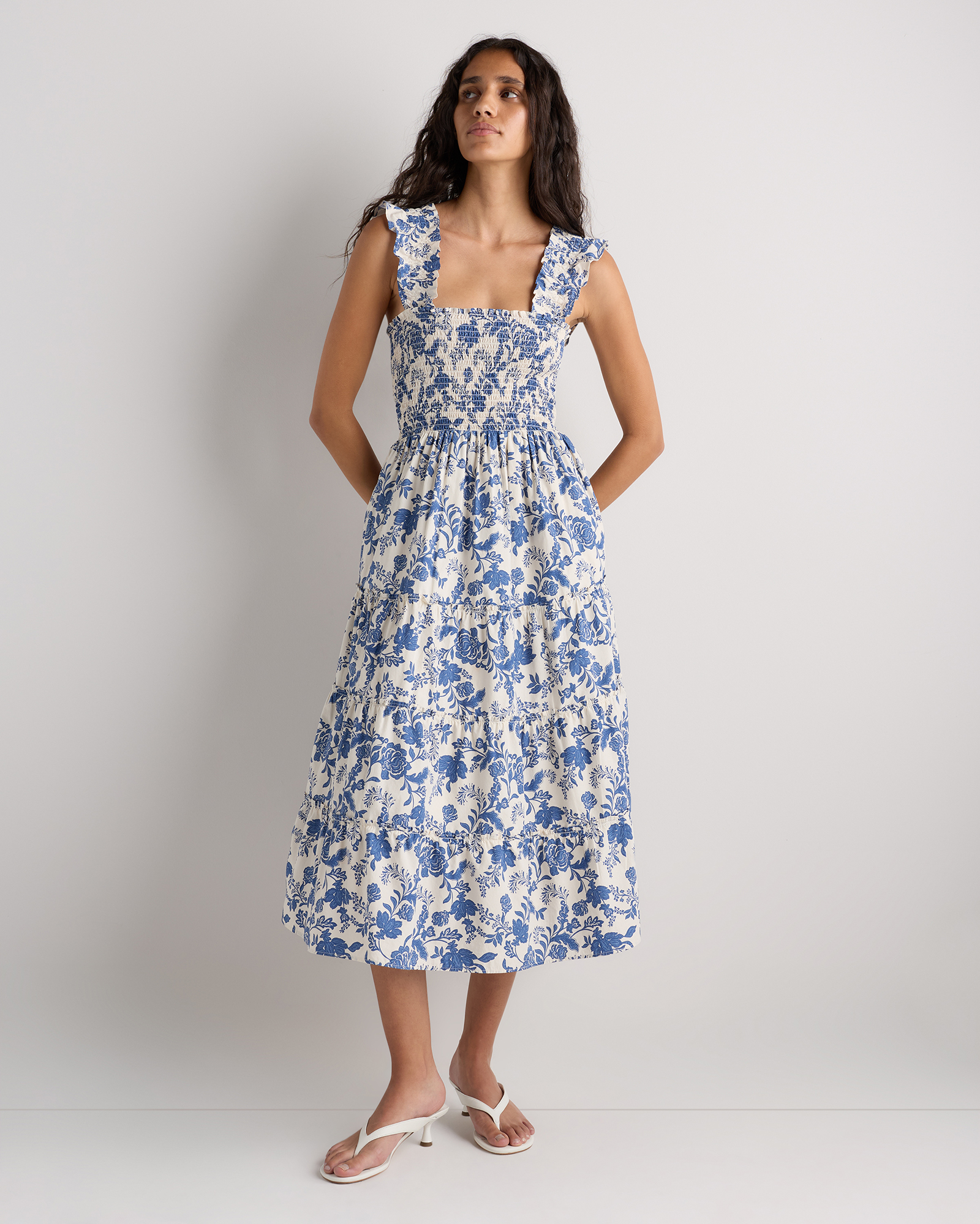 Riviera Blue Heirloom Floral 100% Organic Cotton Poplin Smocked Midi Dress