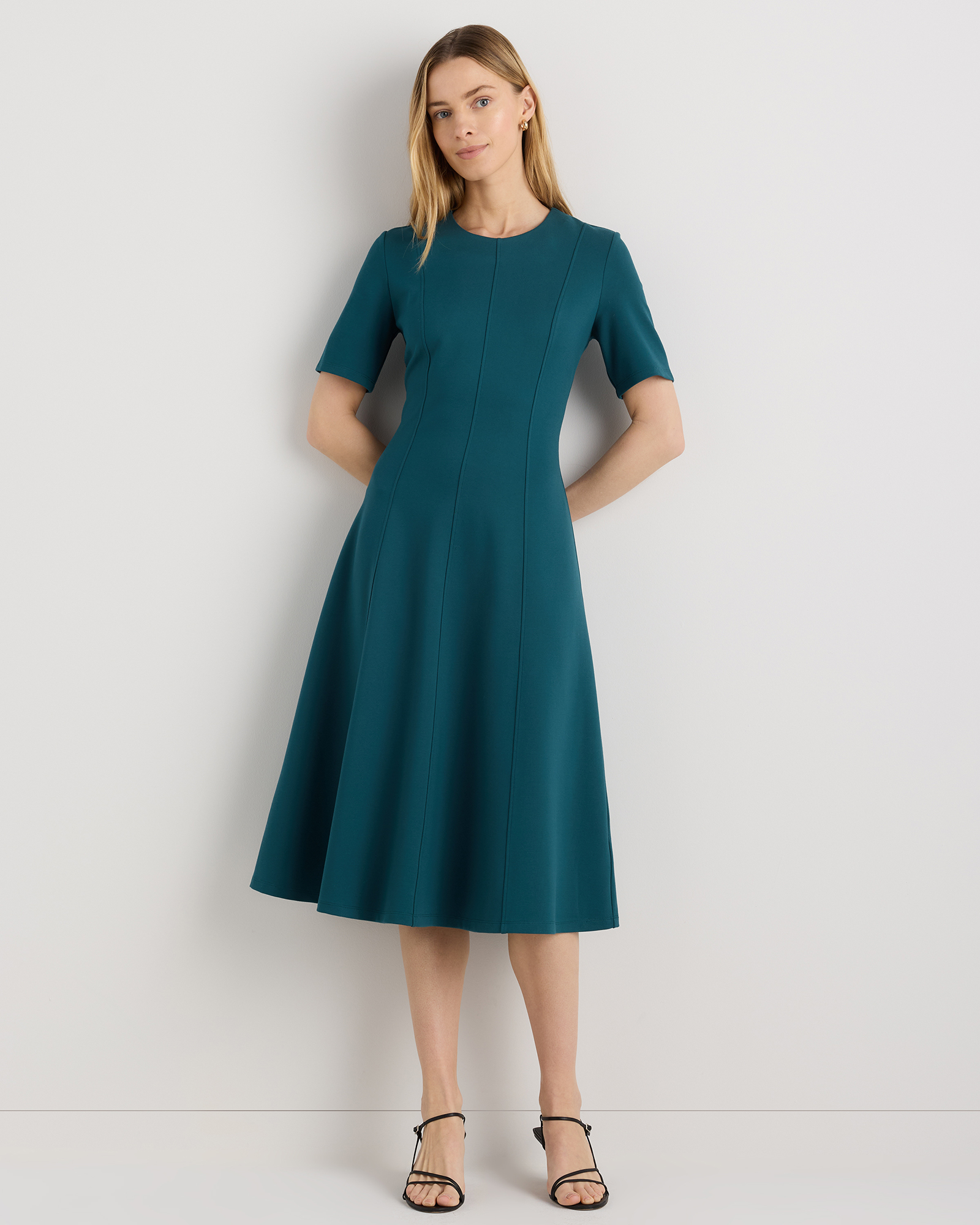 Ocean Green Ultra-Stretch Ponte Short Sleeve Midi Dress