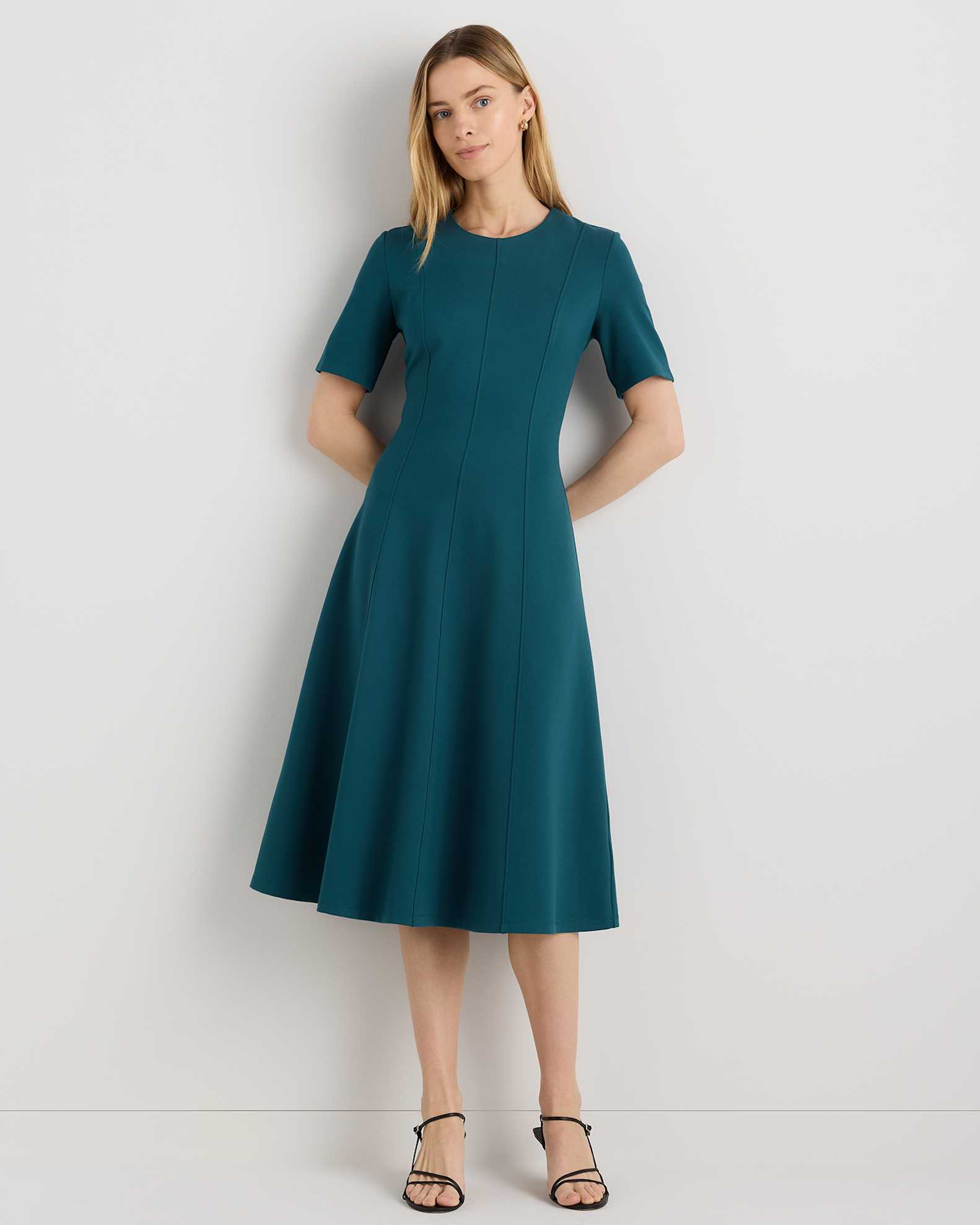 Ultra-Stretch Ponte Short Sleeve Midi Dress in Ocean Green Ultra-Stretch Ponte Short Sleeve Midi Dress in Ocean Green