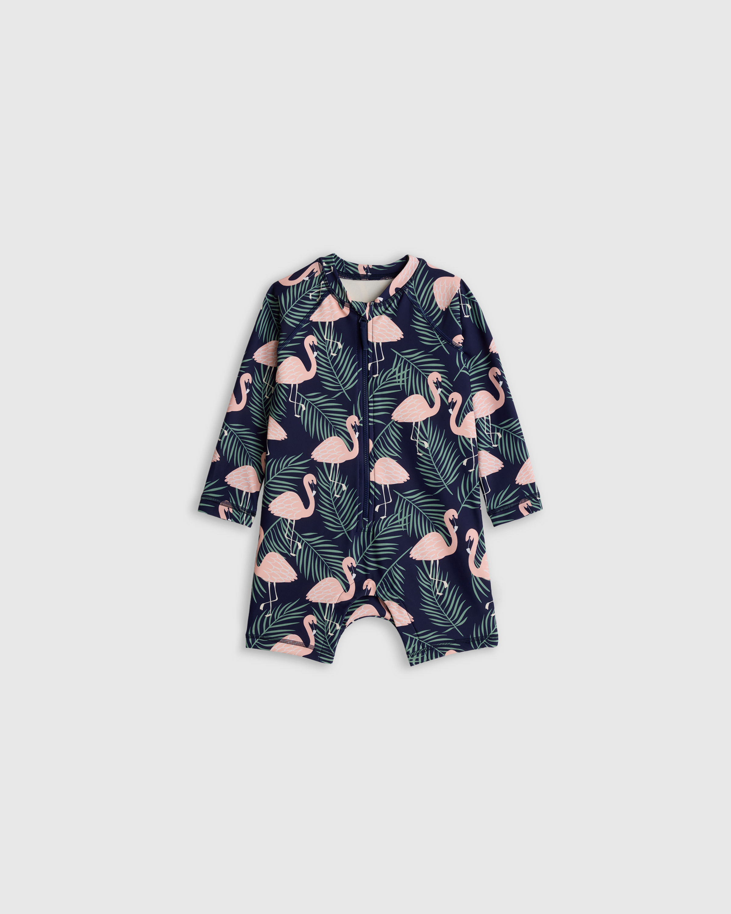 Flamingo Palms Long Sleeve Zip-Up Rash Guard One-Piece