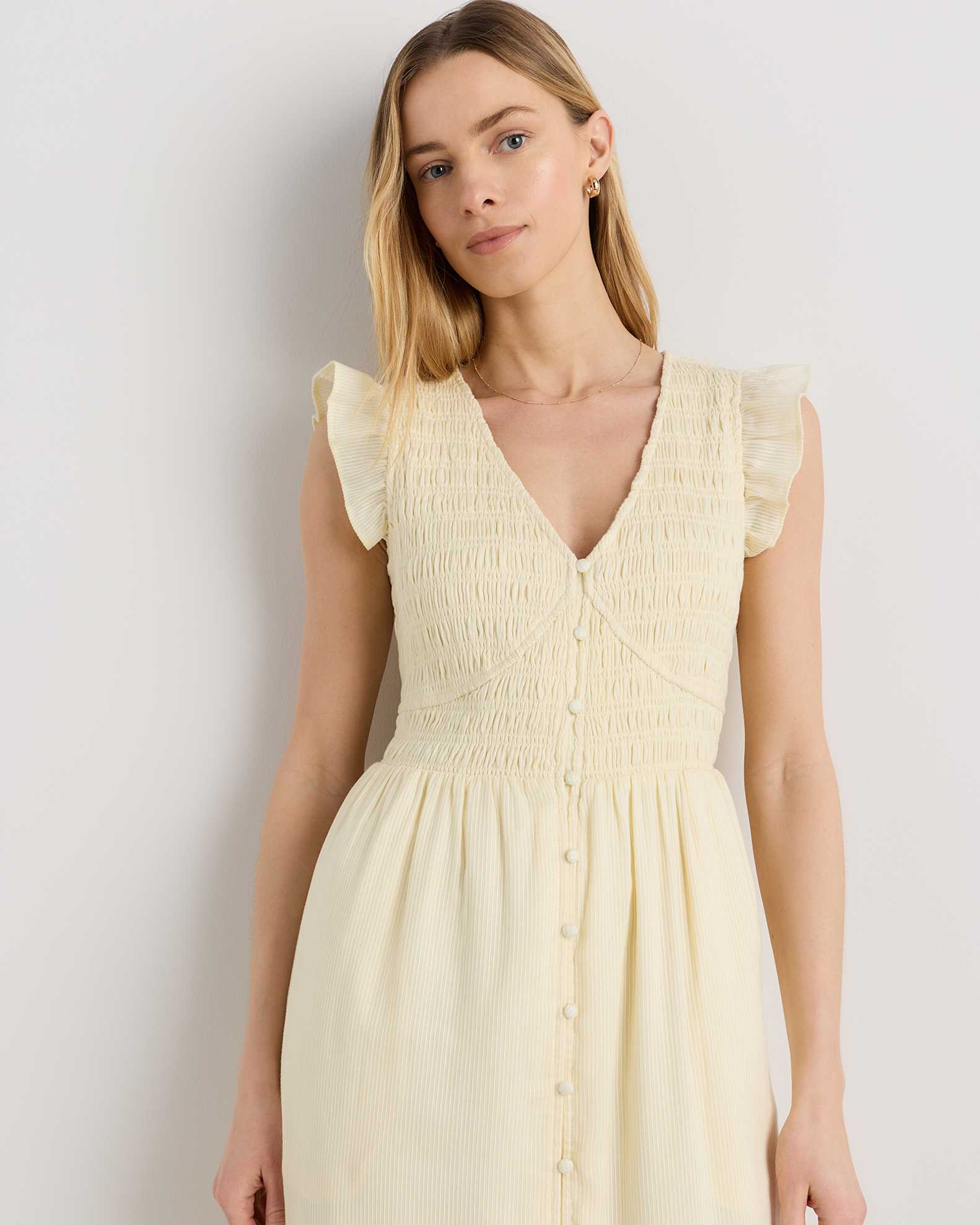 knee length dresses for ladies Light Olive Smocked V-Neck Midi Dress