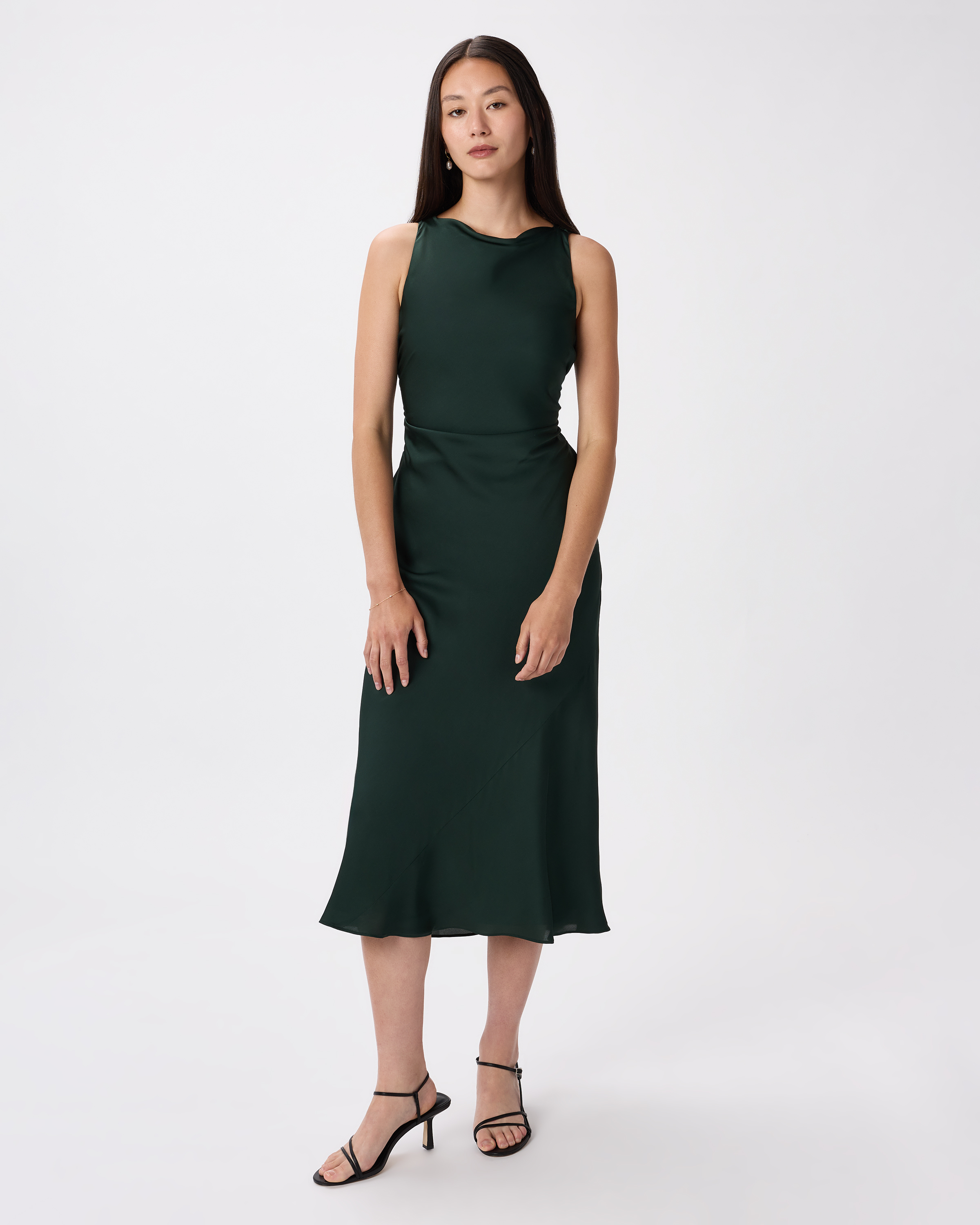 Forest Green Washable Stretch Silk High Neck Midi Dress