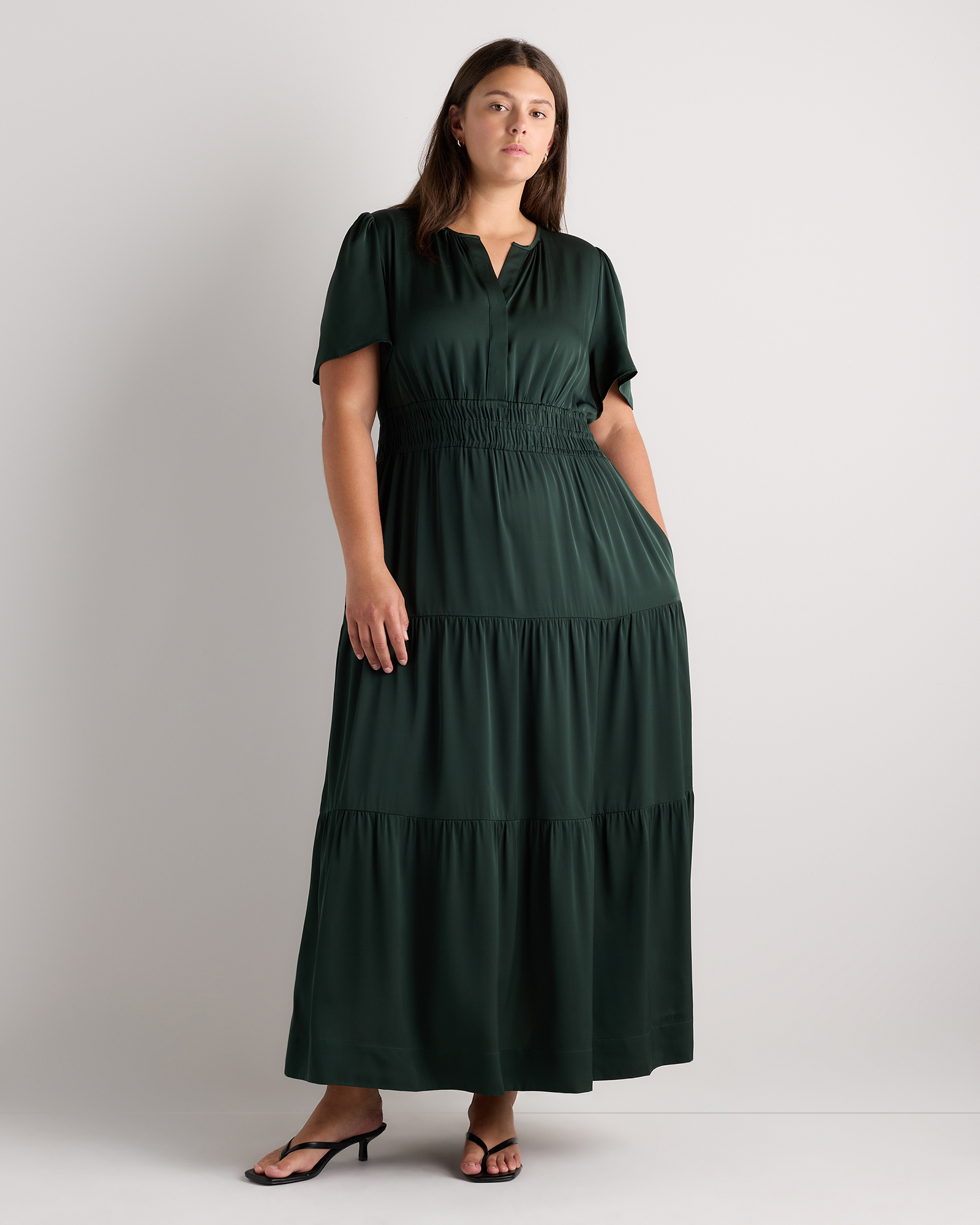 Forest Green Washable Stretch Silk Tiered Maxi Dress