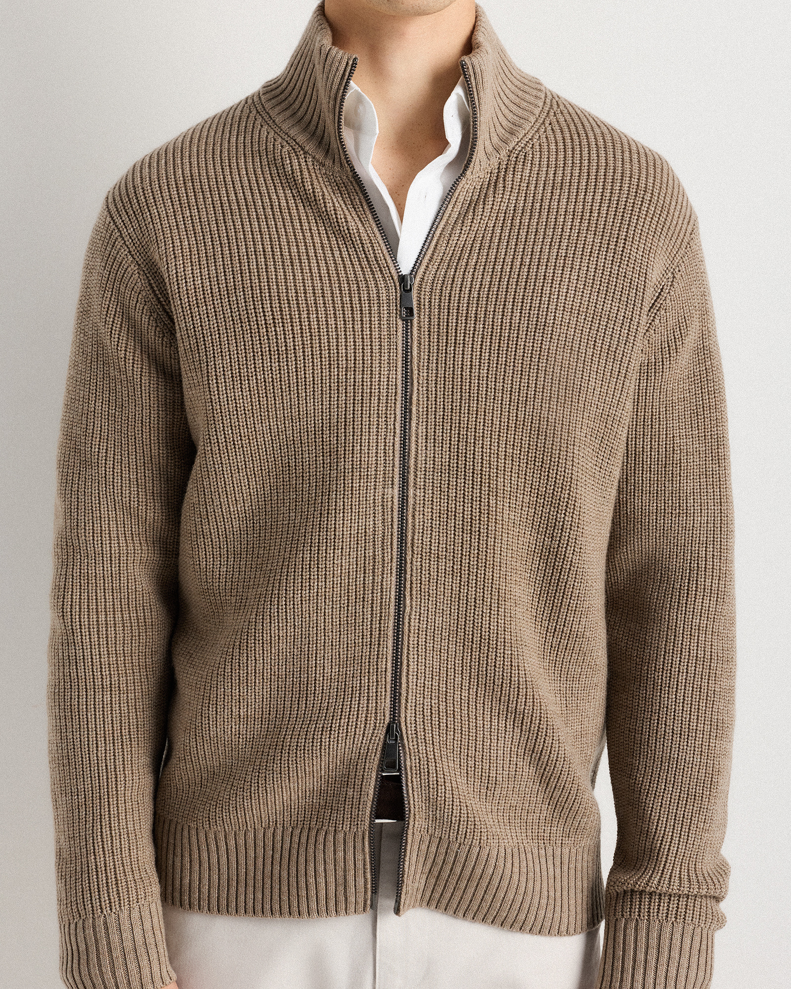 Australian Merino Wool Full Zip Sweater in Malted Toffee