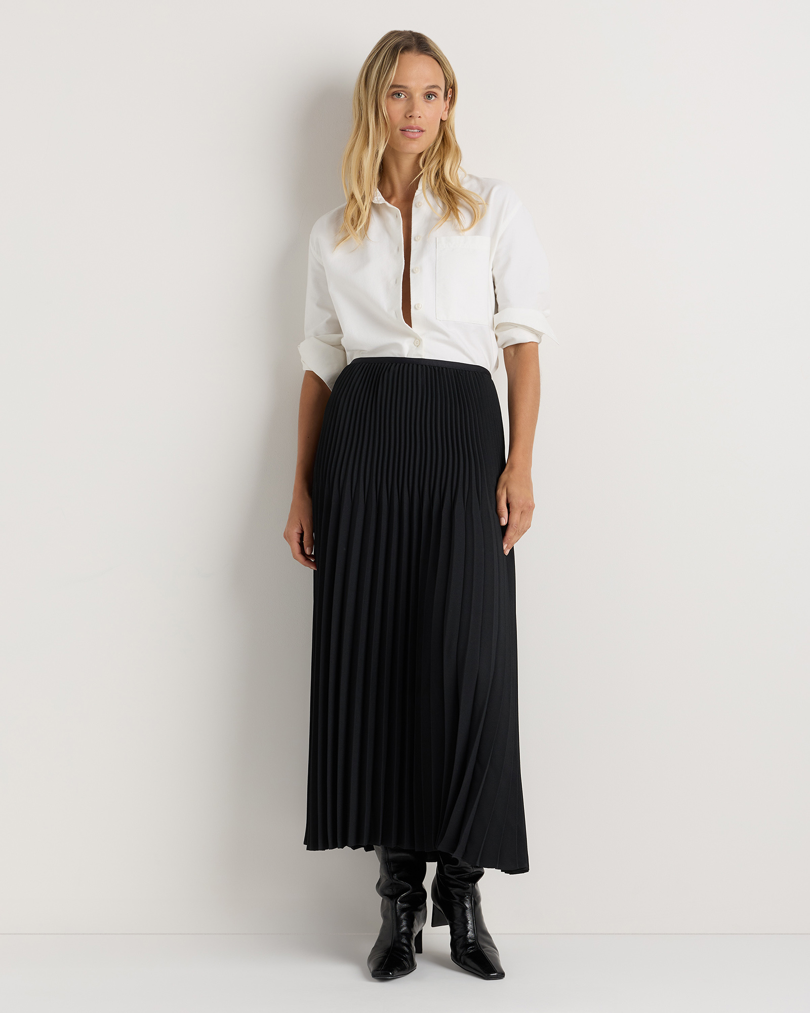Pleated Matte Midi Skirt in True Black