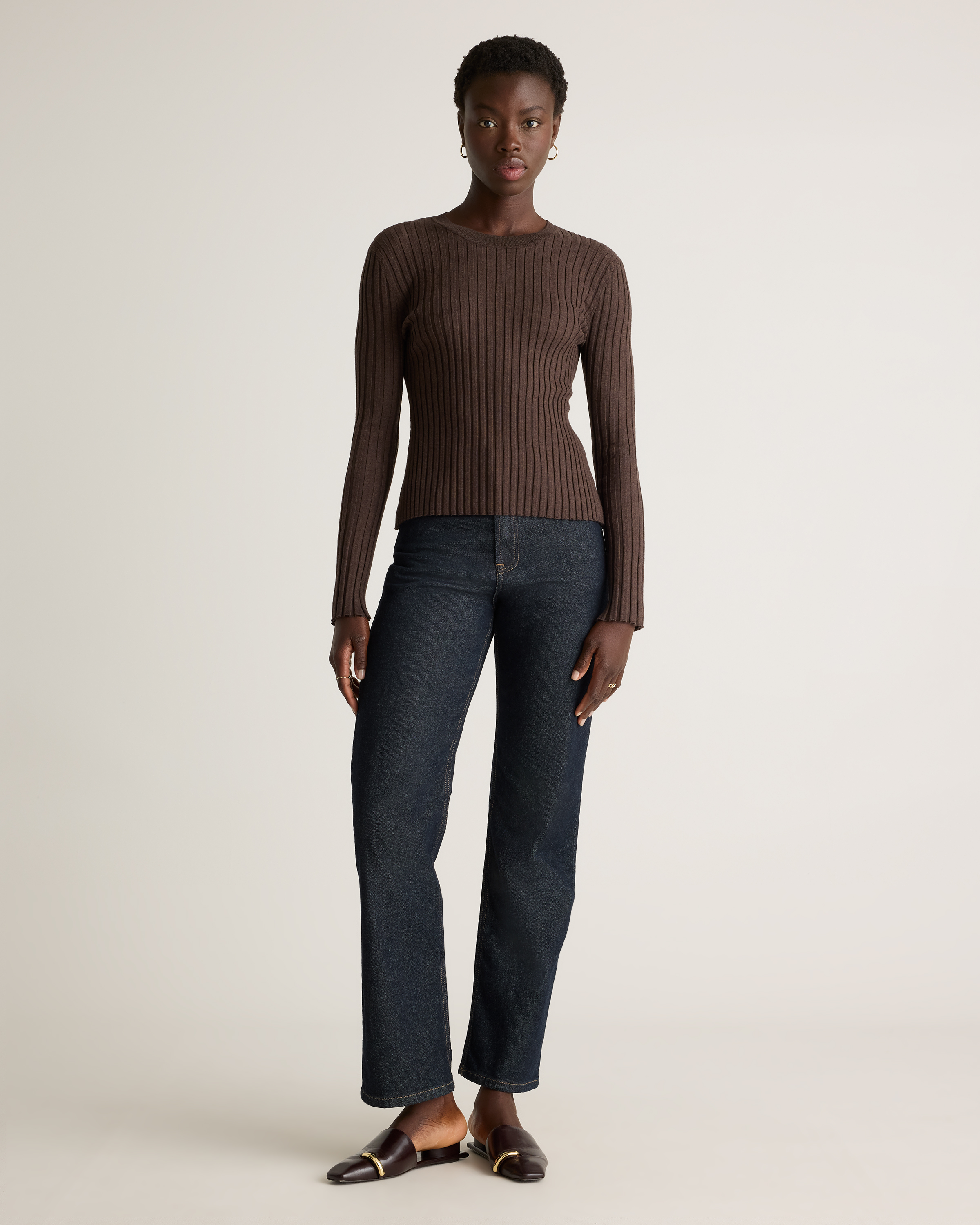 Cotton Cashmere Ribbed Long Sleeve Sweater in Mocha Heather