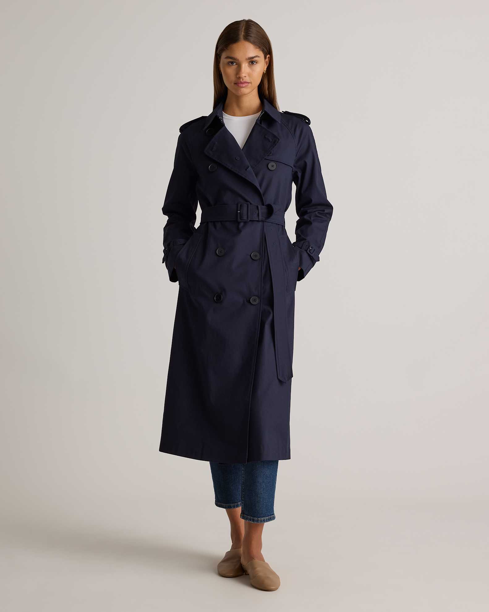 Comfort Stretch Long Trench Coat in Navy - Main Image