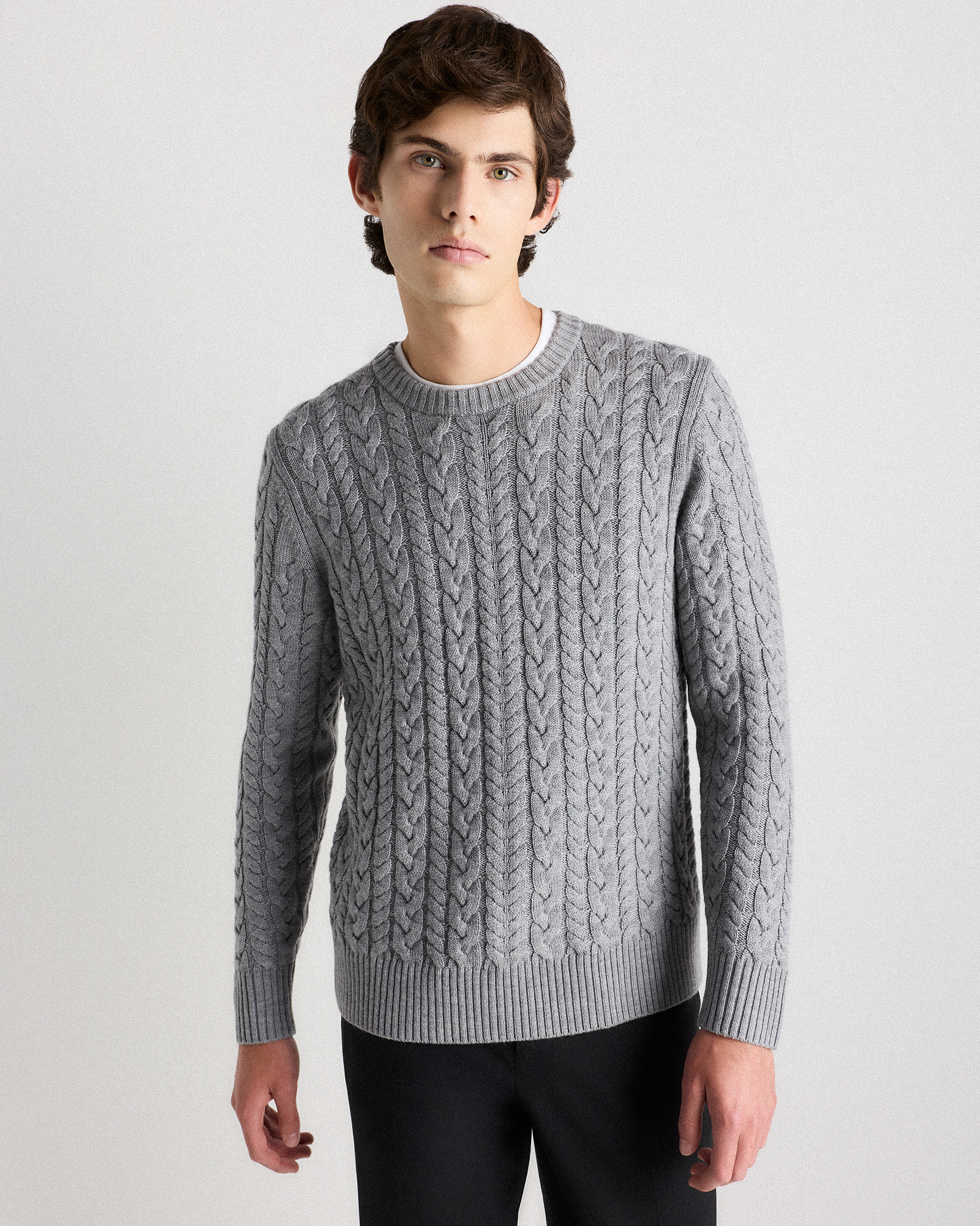 Heather Grey Australian Merino Wool Cable Crewneck Sweater