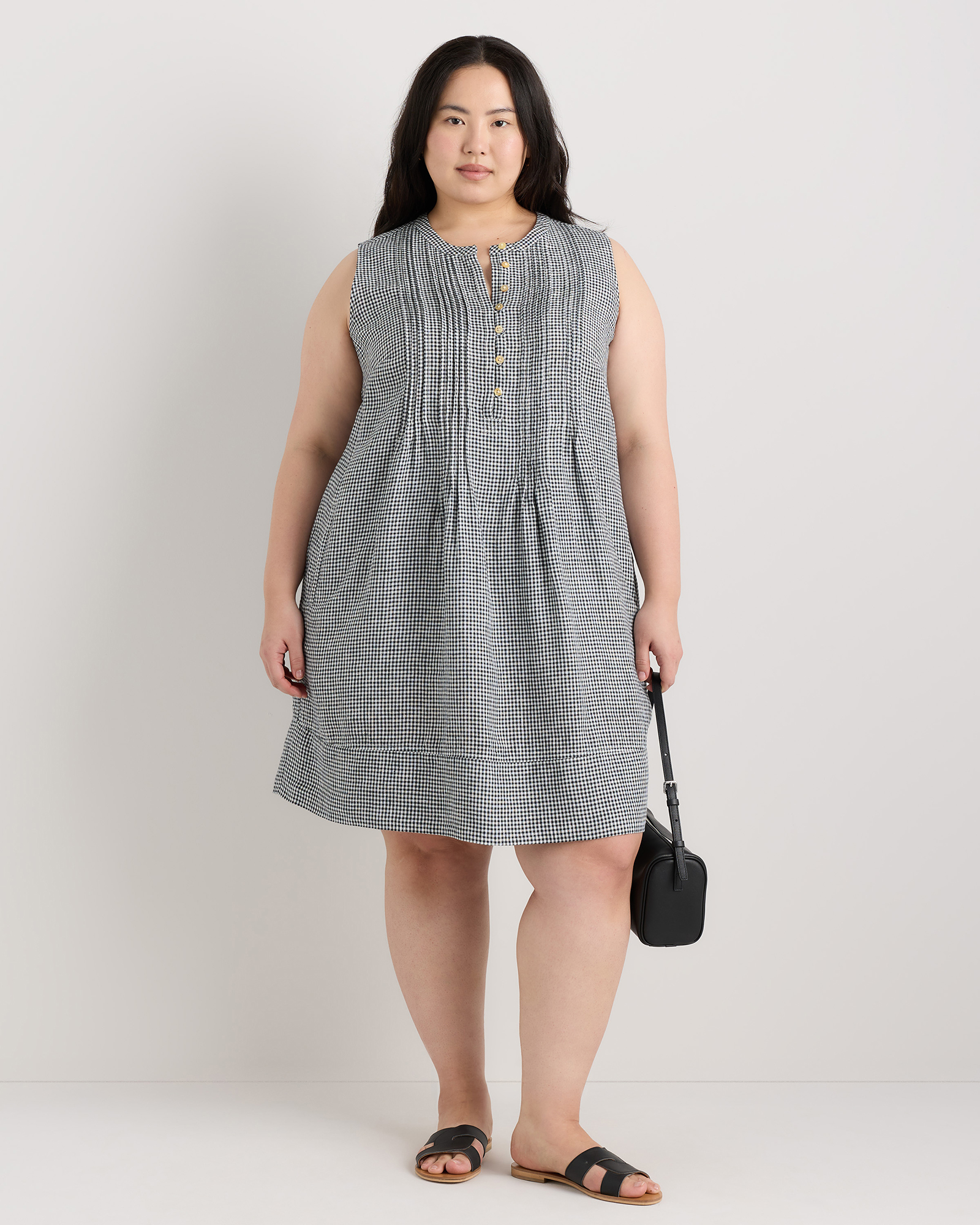 Classic Mini Gingham 100% European Linen Sleeveless Swing Dress