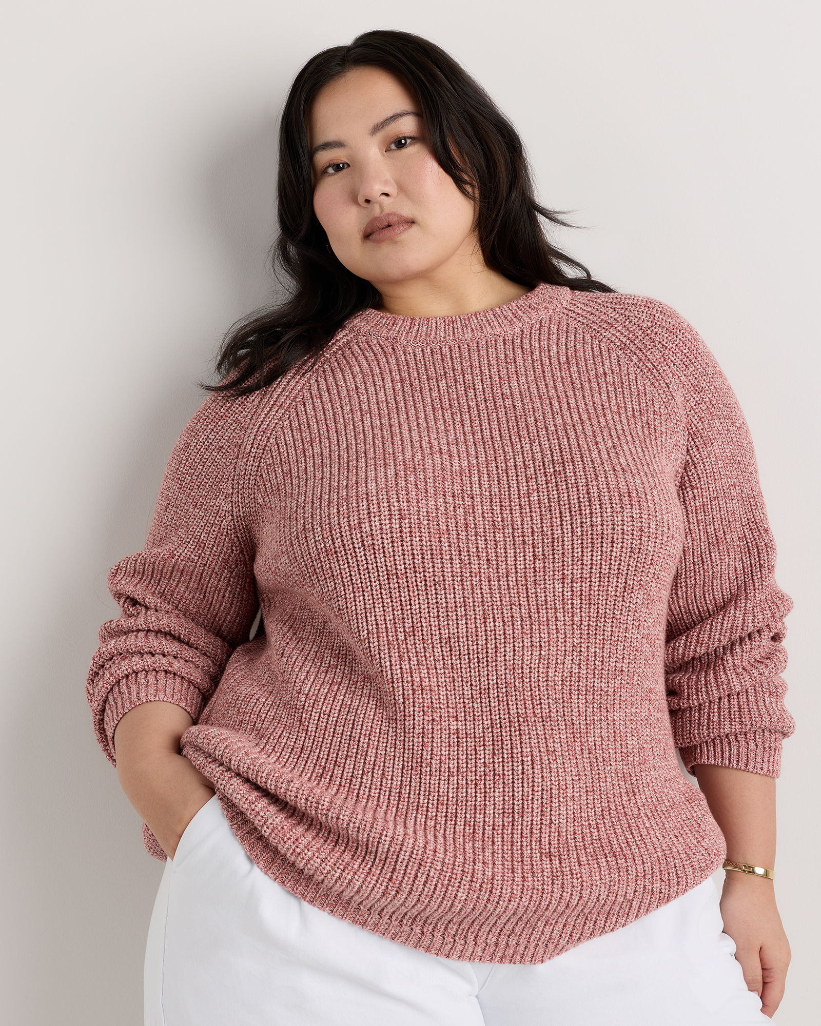 Marled Rose Pink 100% Organic Cotton Fisherman Crew Sweater